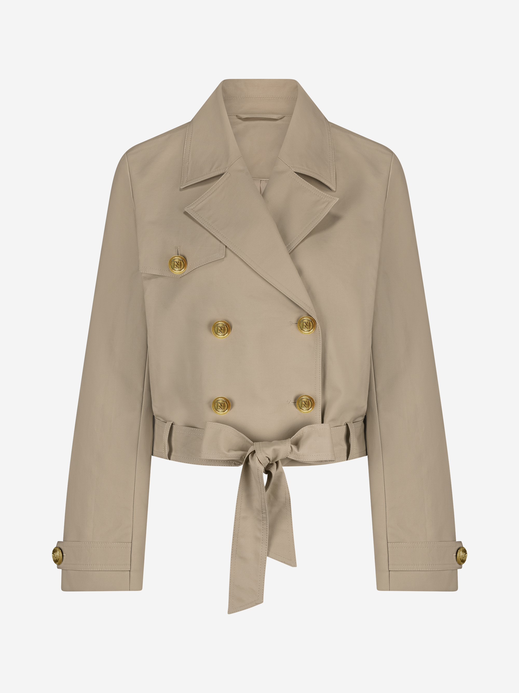 Loose-fitting jacket with belt and N-buttons