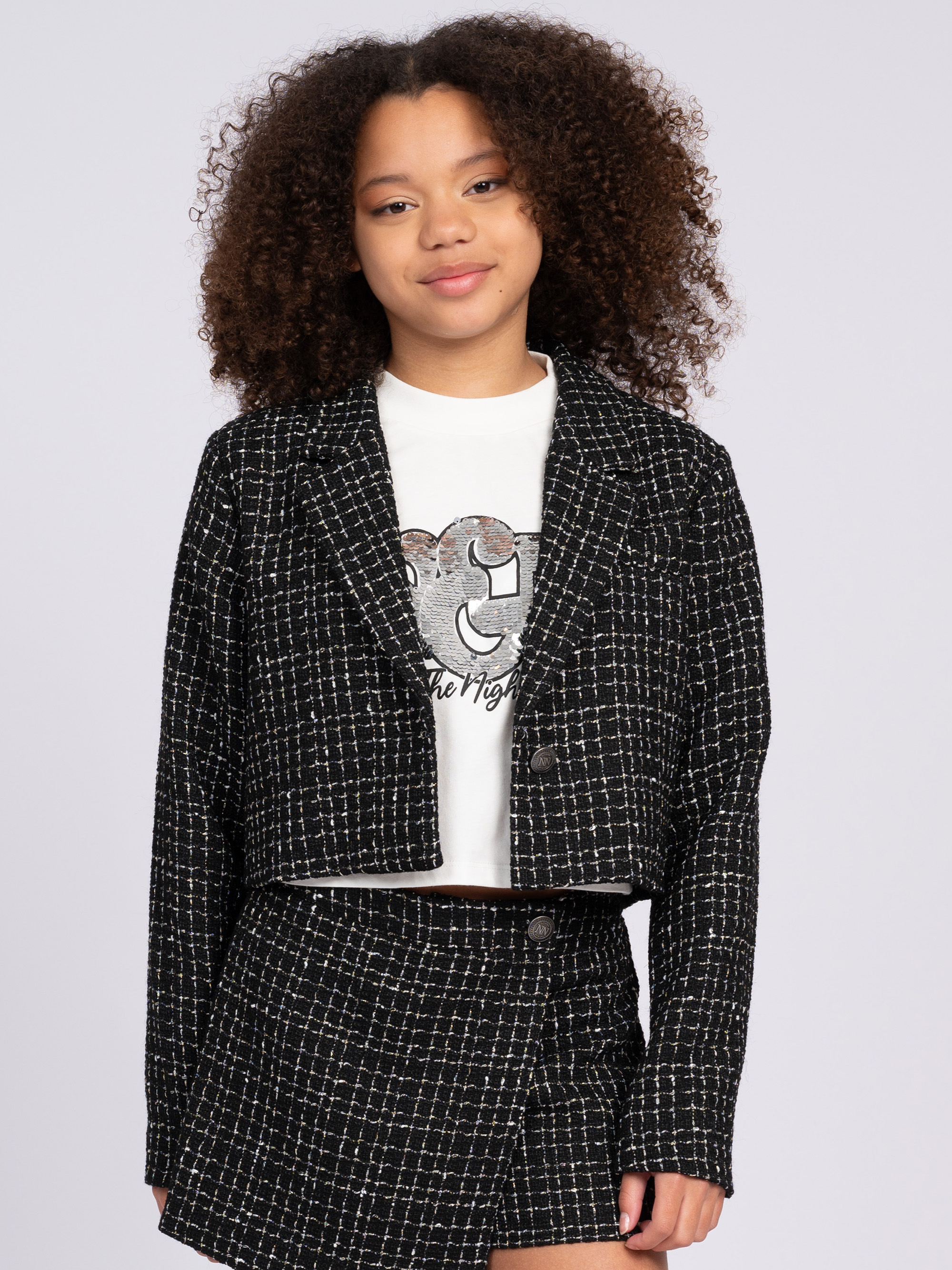 Cropped blazer with pied-de-poule pattern 