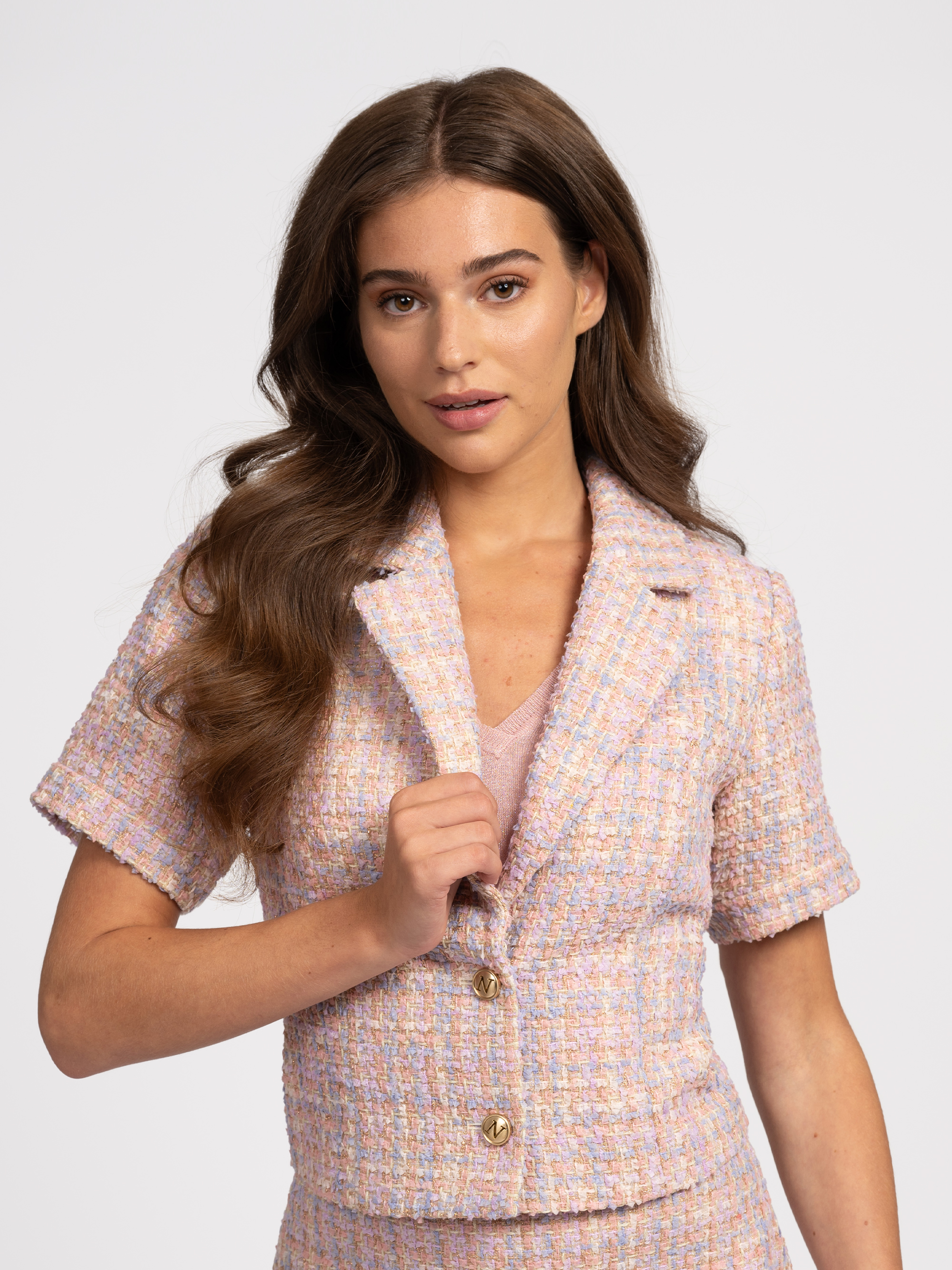 Cropped tweed blazer with glitter thread