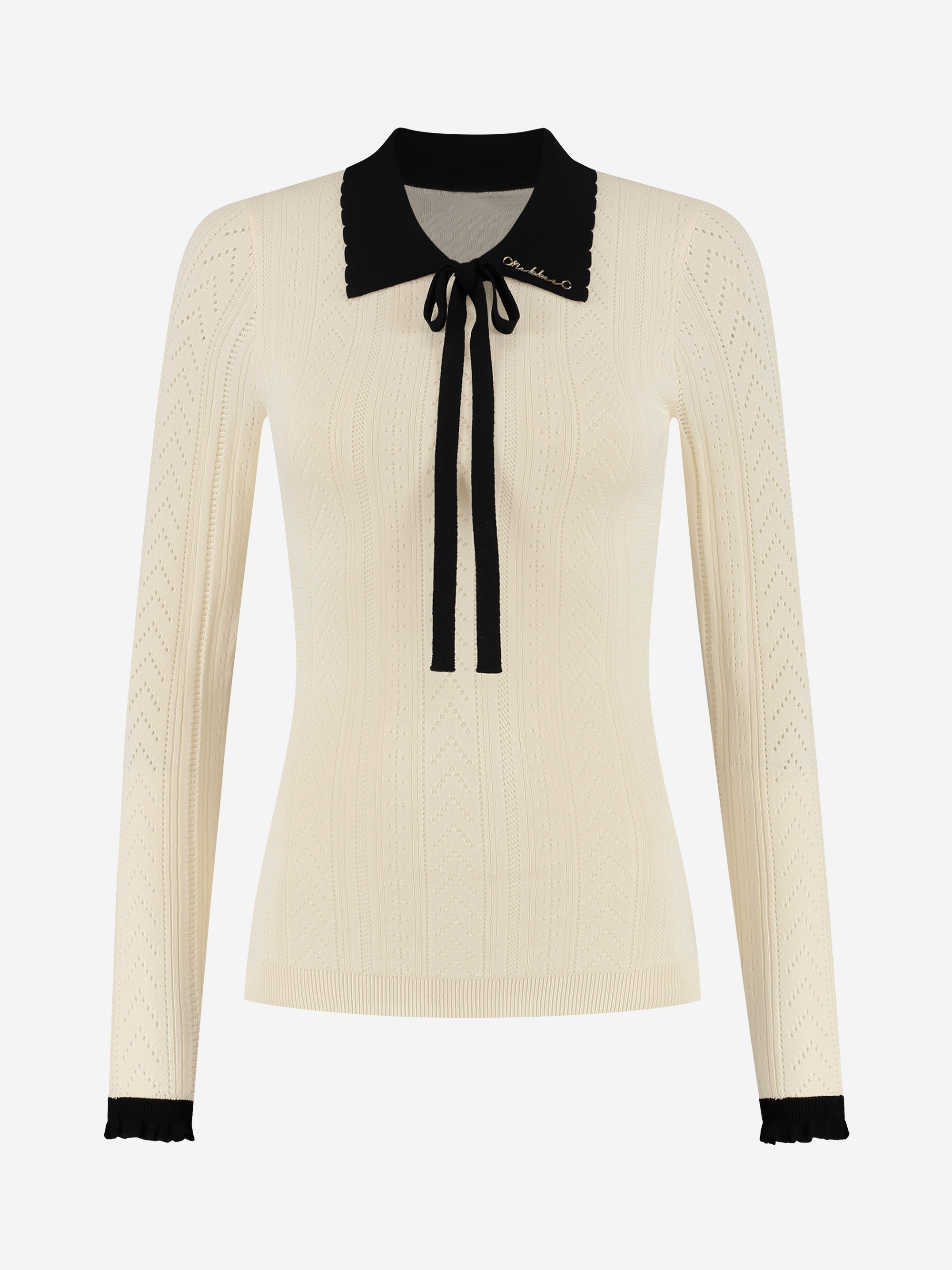 Open knitted A-line top with bow detail and ruffles