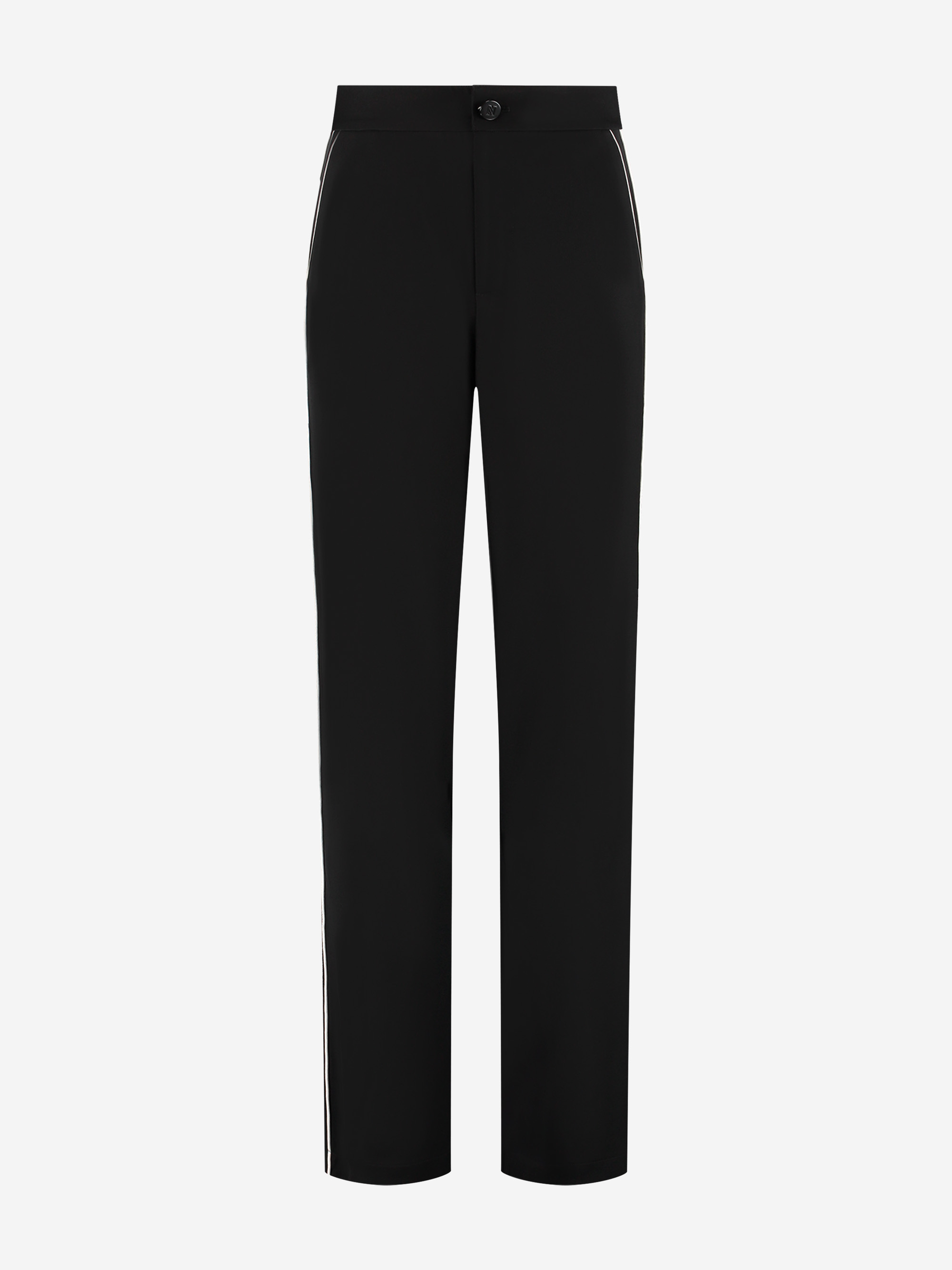 Straight-fitting pants with white piping on the side