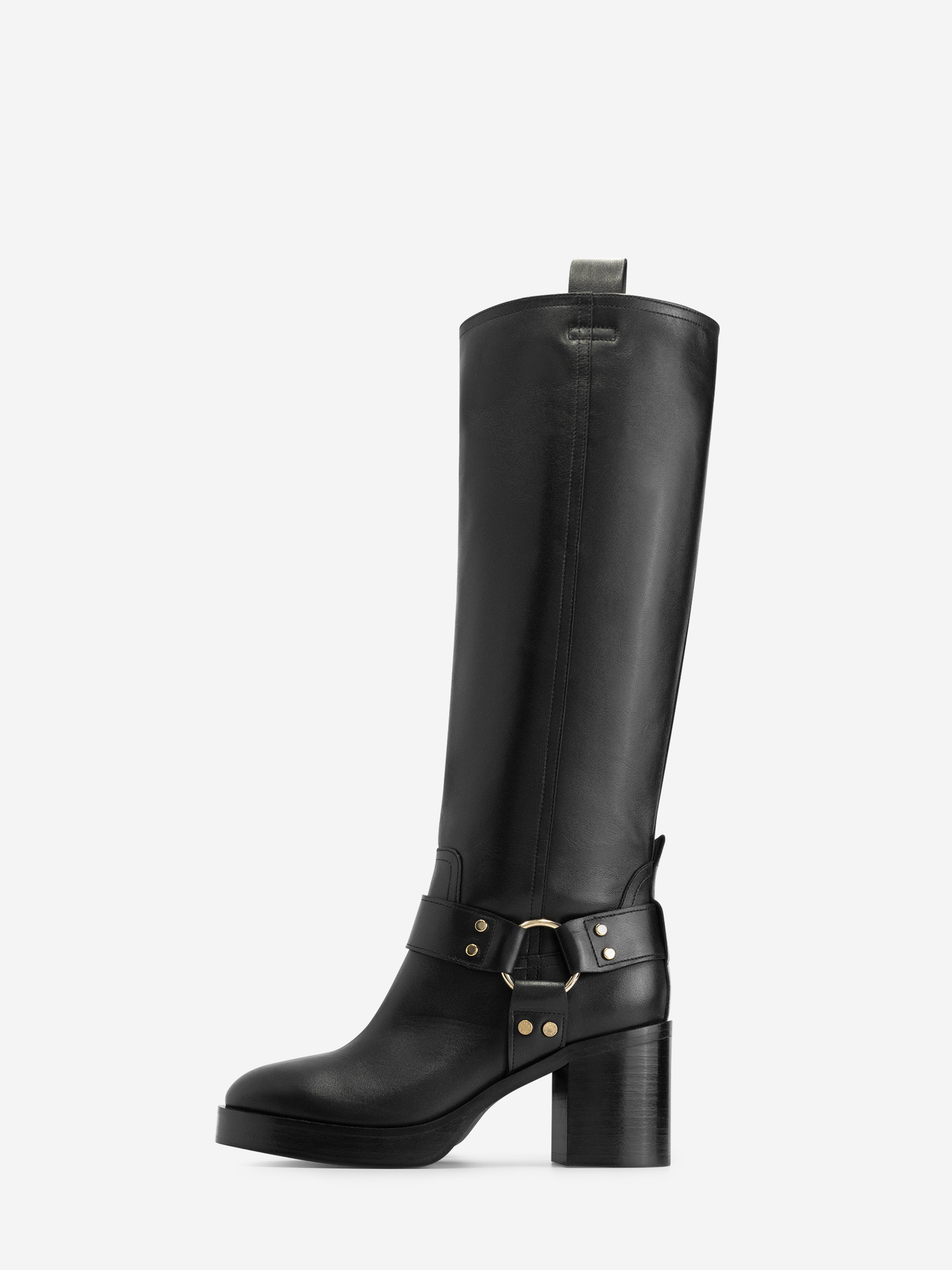High leather boots with block heel and buckle