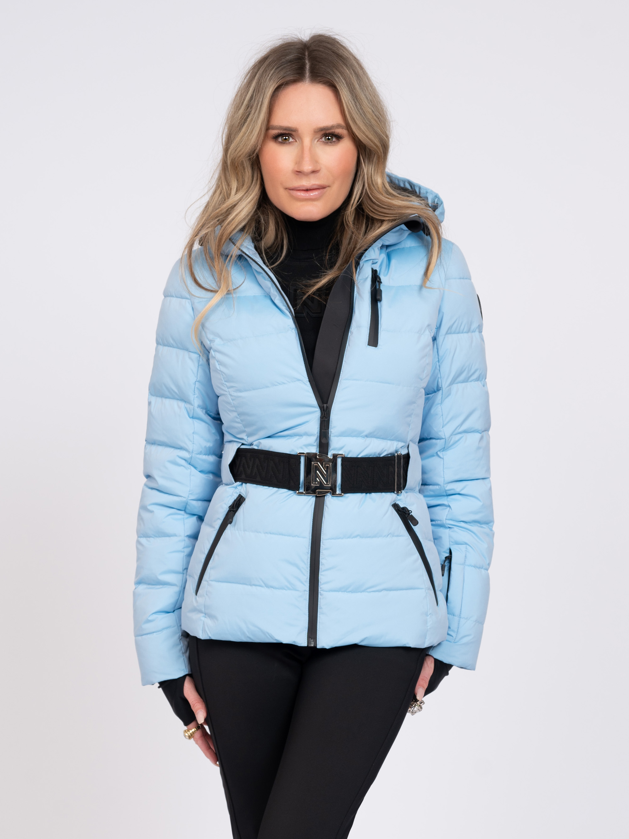 Ski jacket with hood and elastic belt