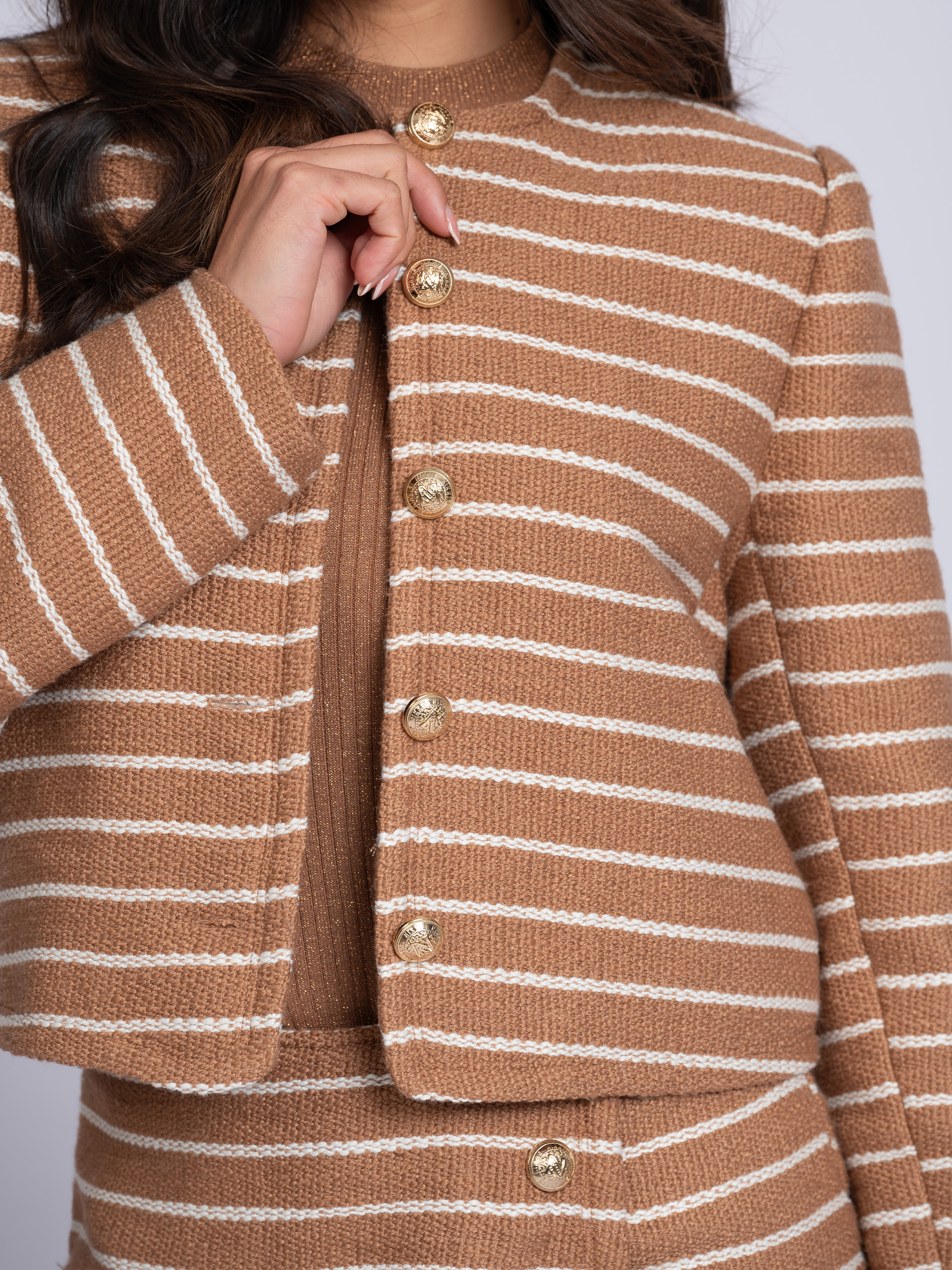 Short woven jacket with striped pattern