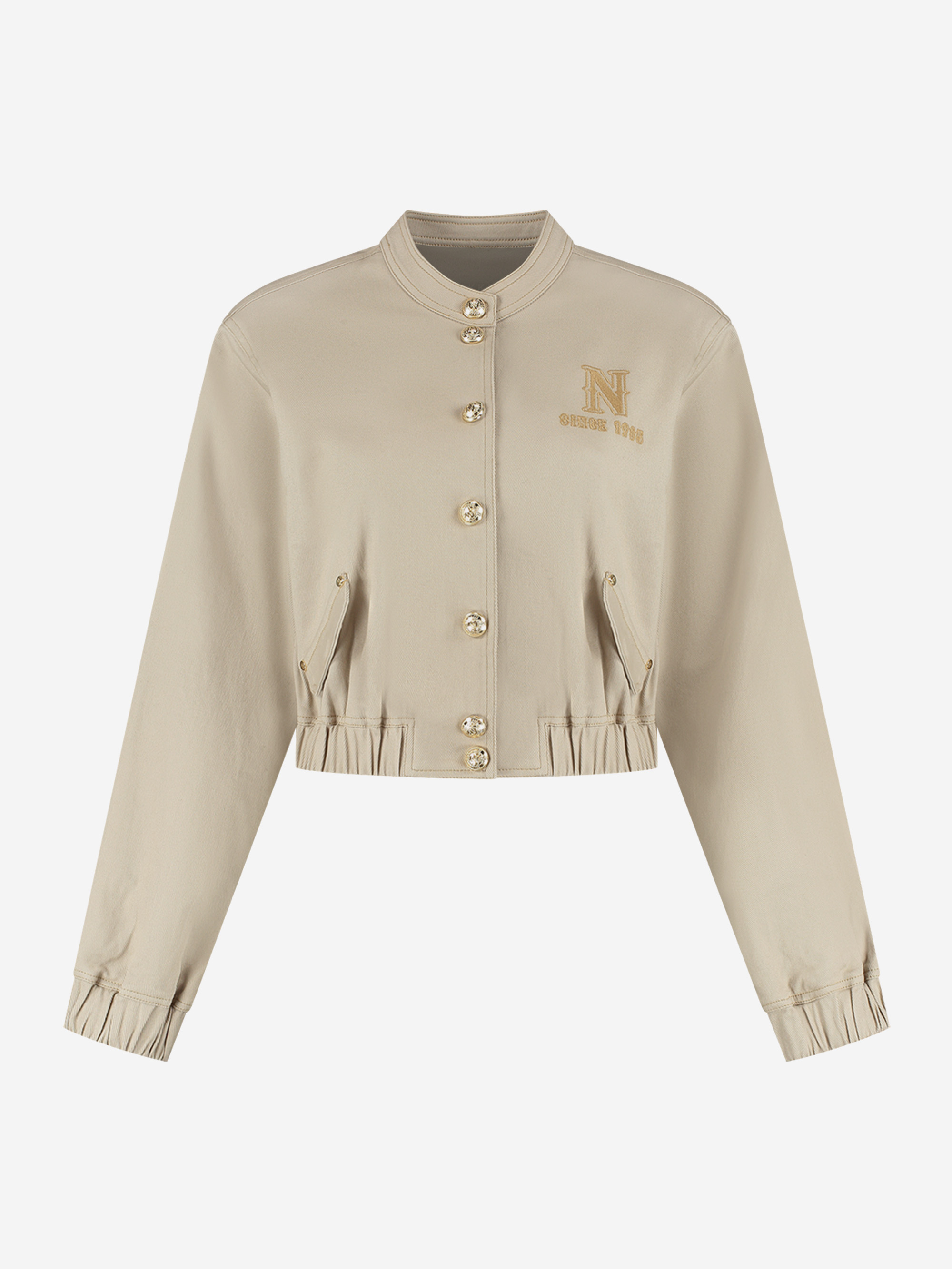 Short denim bomber jacket with logo and N-buttons