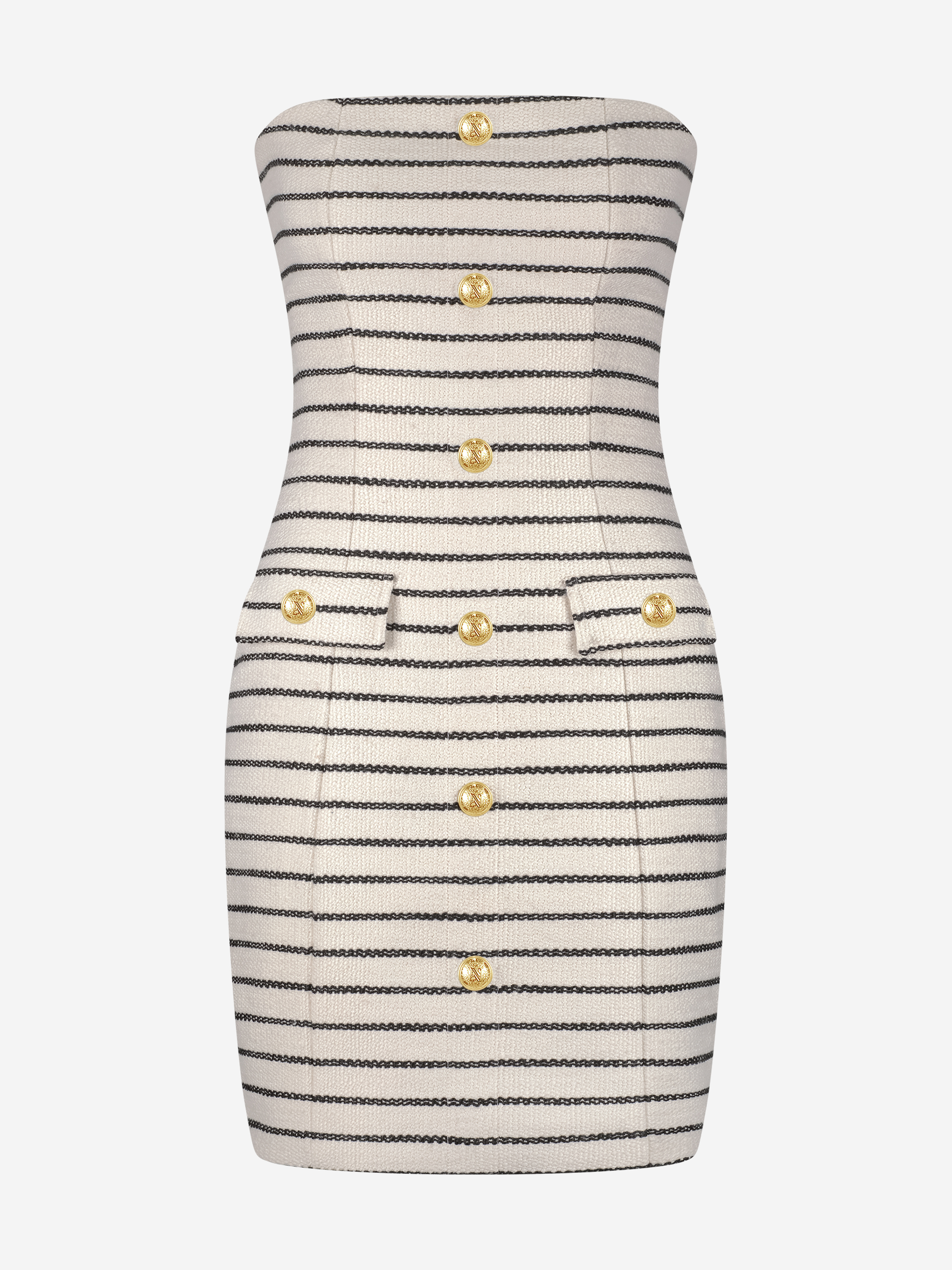 Strapless jurk met gestreept patroon en N-knopen