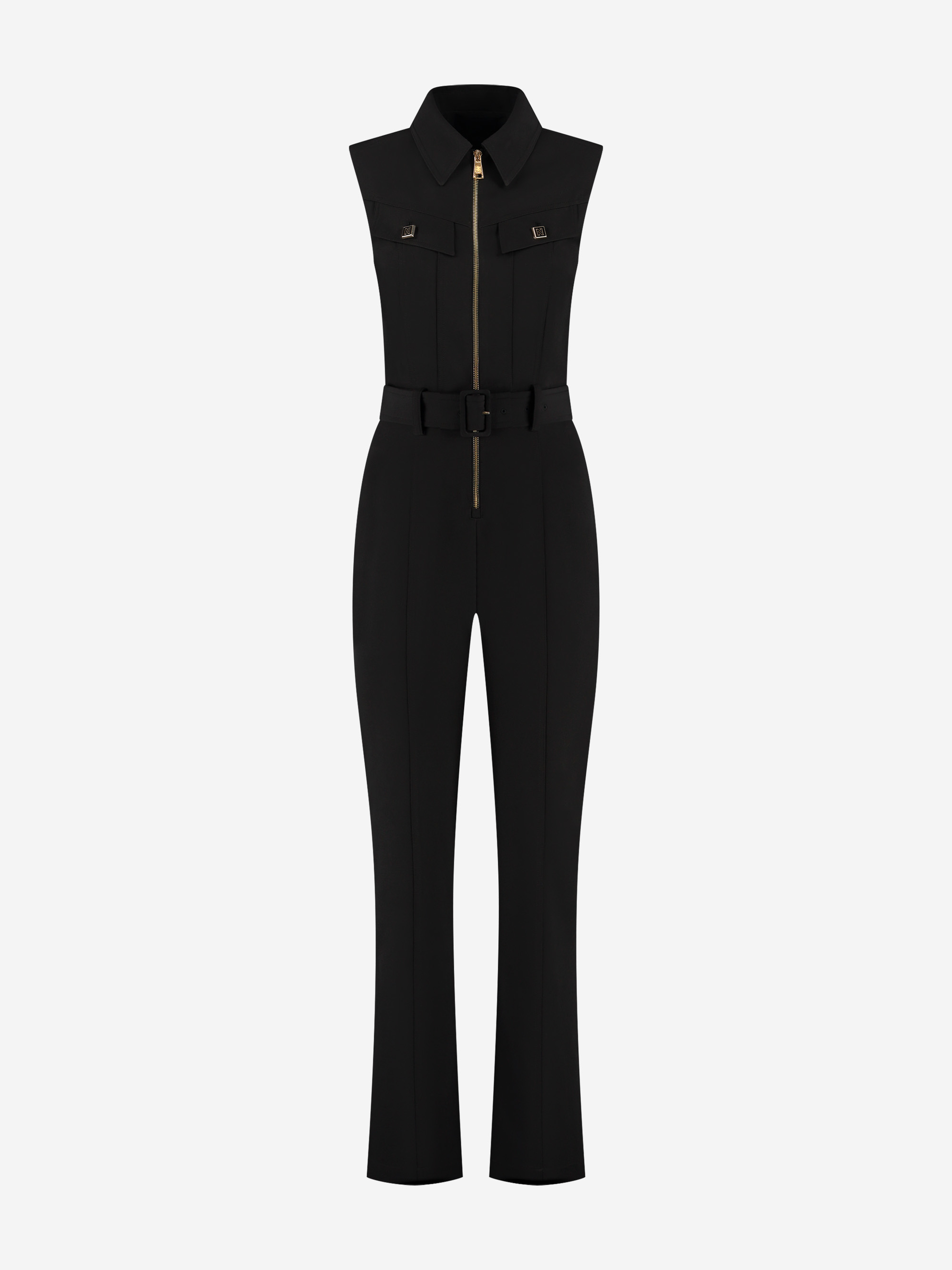 Fitted jumpsuit with central zipper and belt
