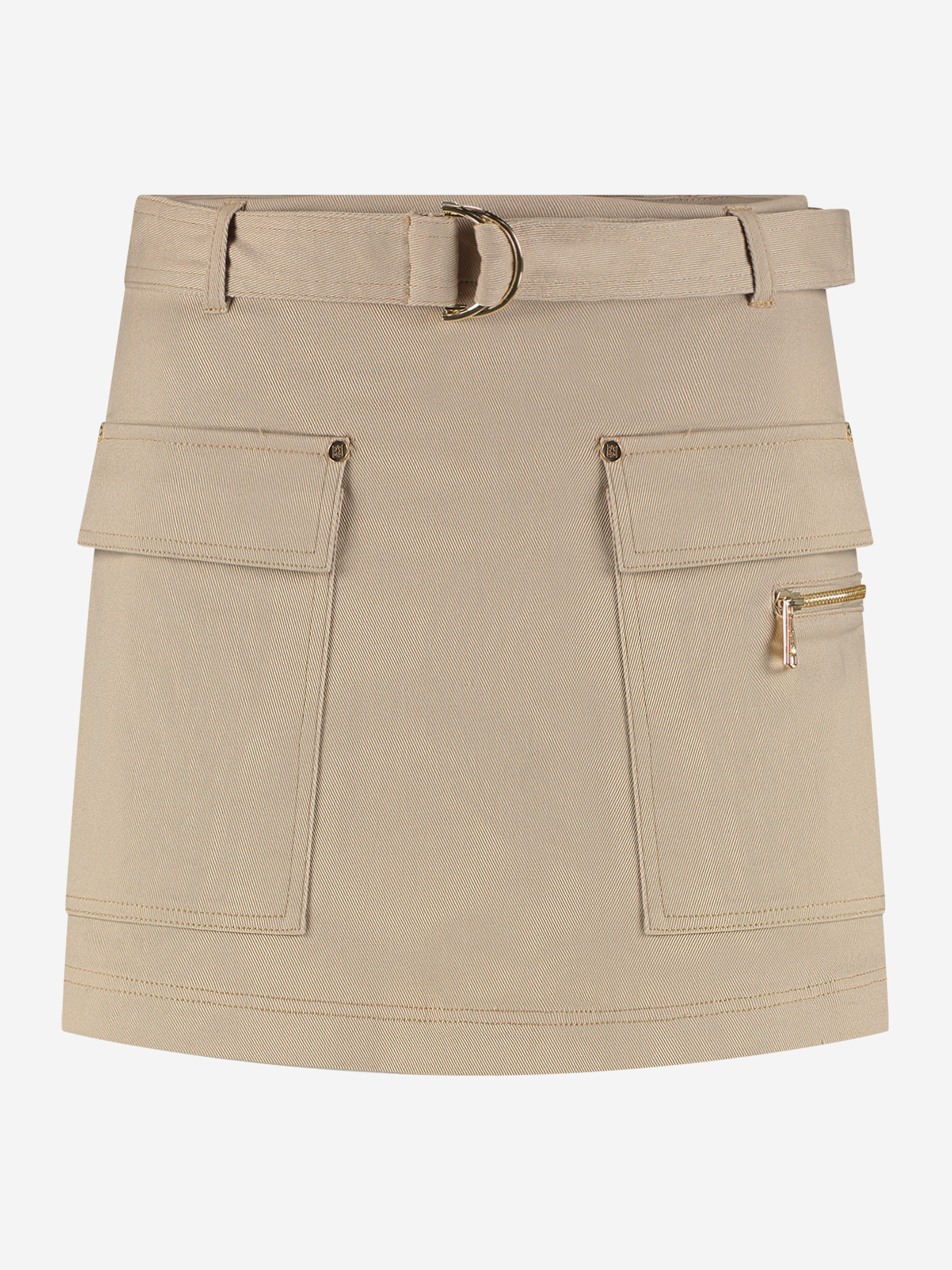 Short denim skort with belt and flap pockets