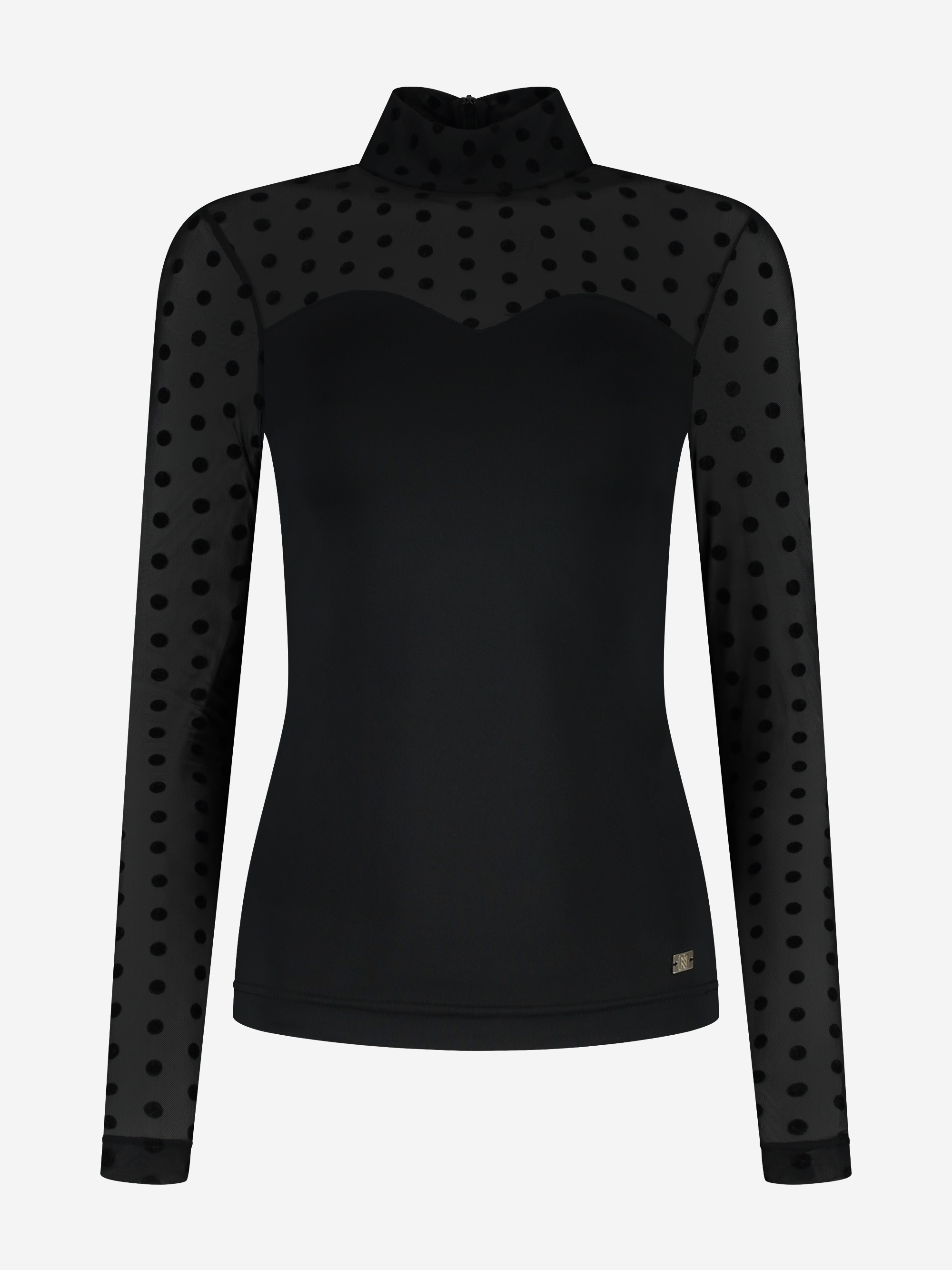 Fitted top with dotted mesh sleeves and turtleneck