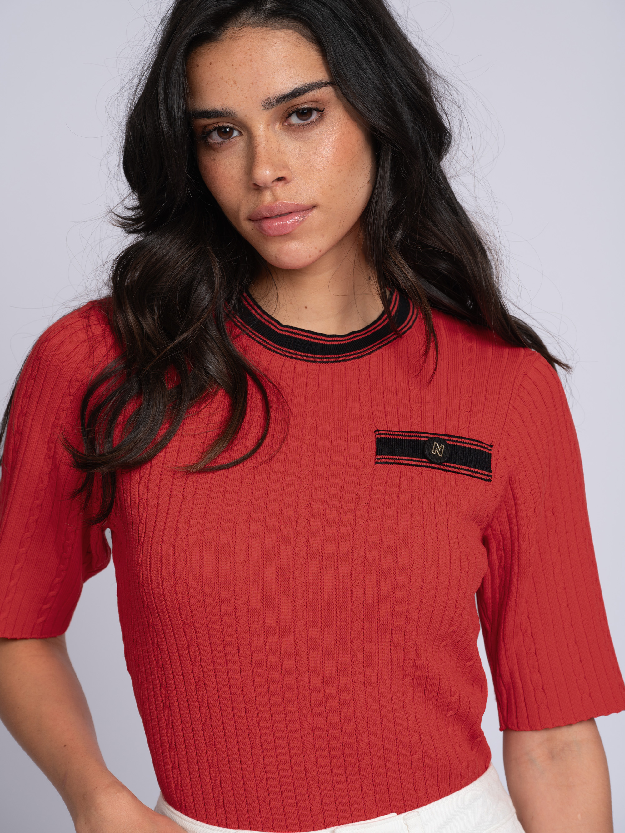 Ribbed top with braided and striped details