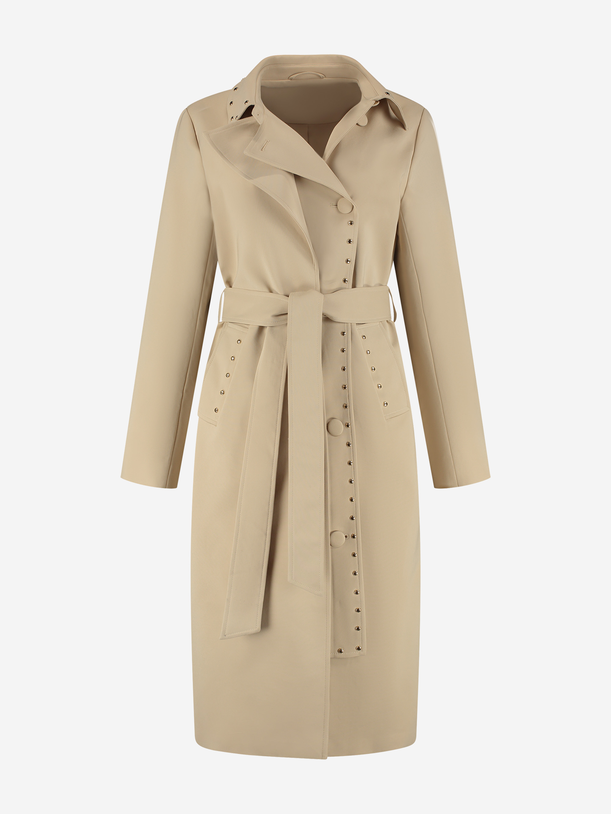 Long trench coat with two-layer effect and studs