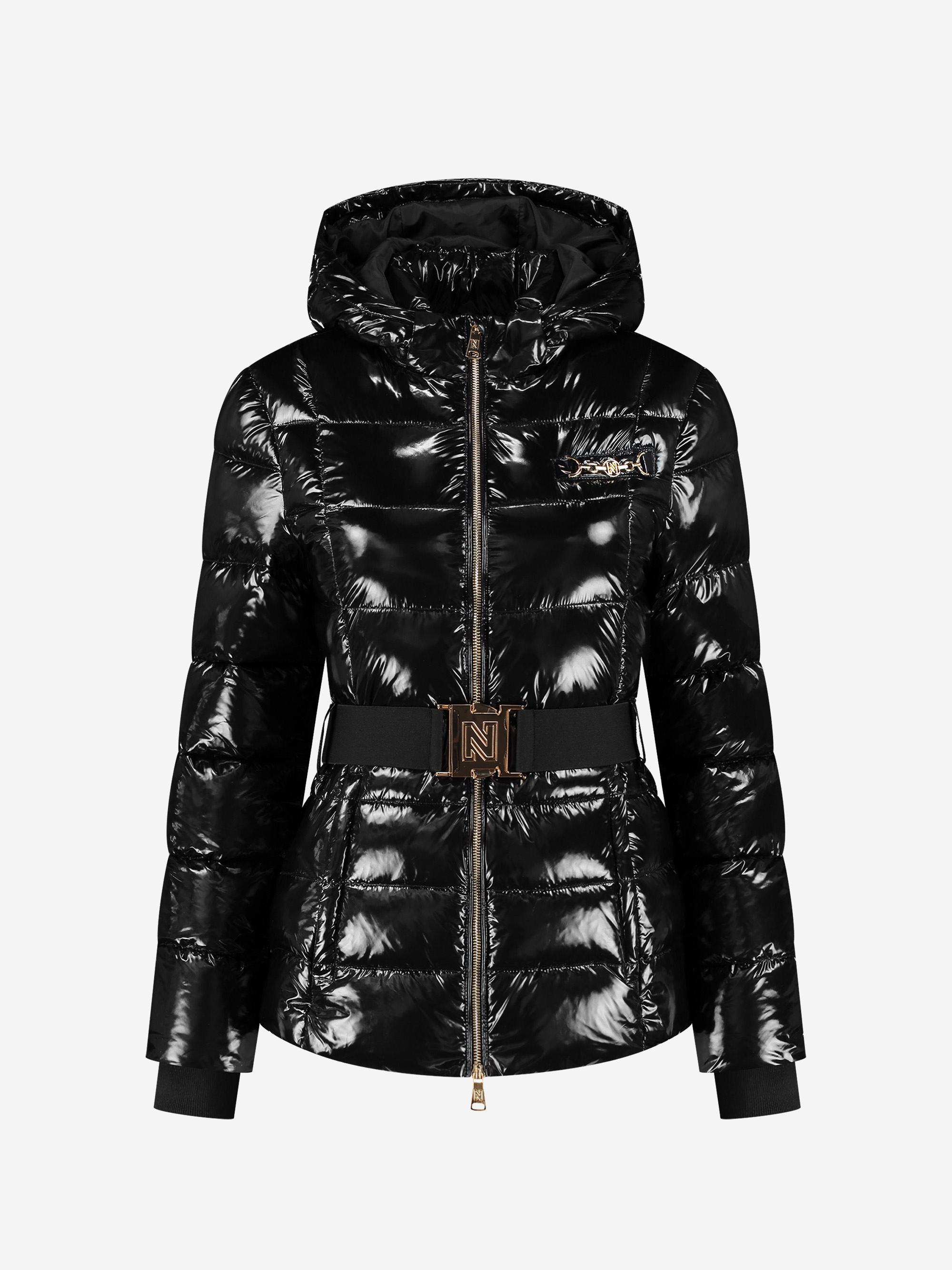 Puffer jacket with hood and belt