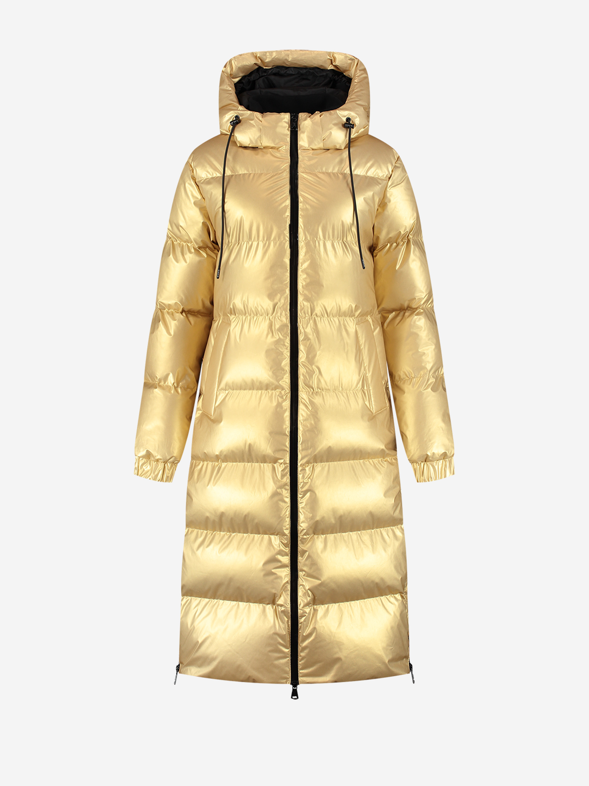 Long puffer jacket with metallic look