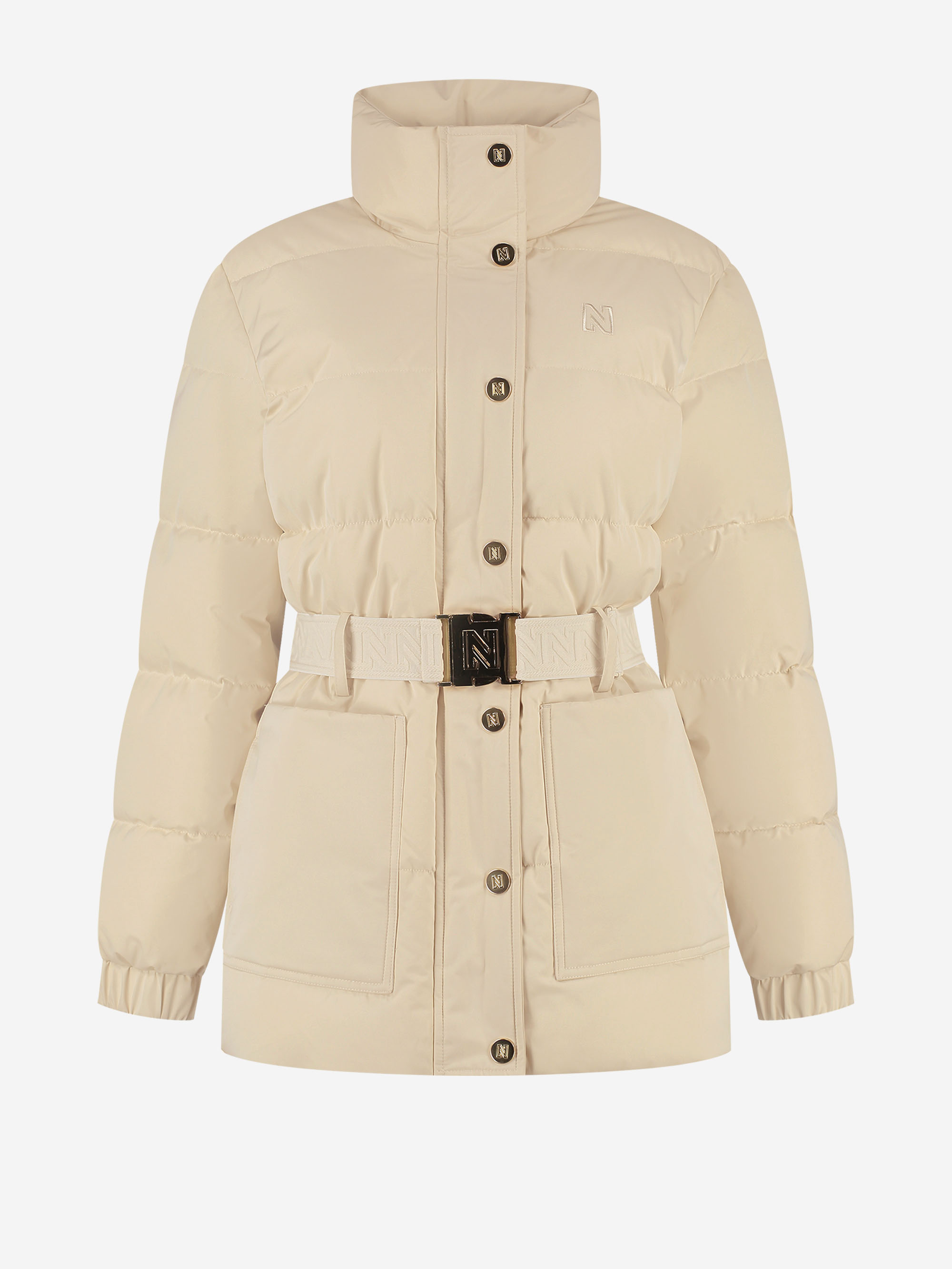 Puffer jacket with high neck and a belt 