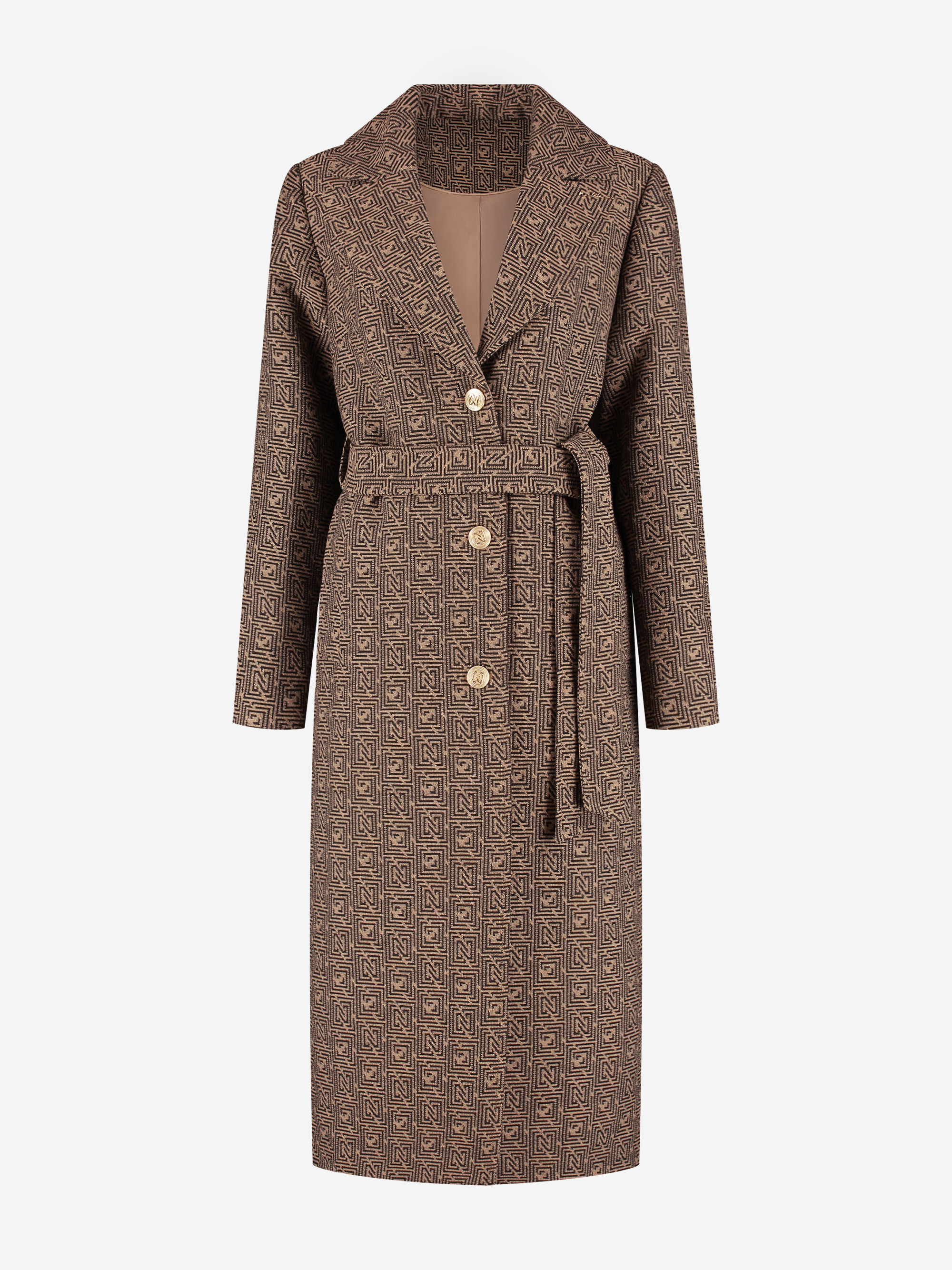 Long coat with logo pattern and belt