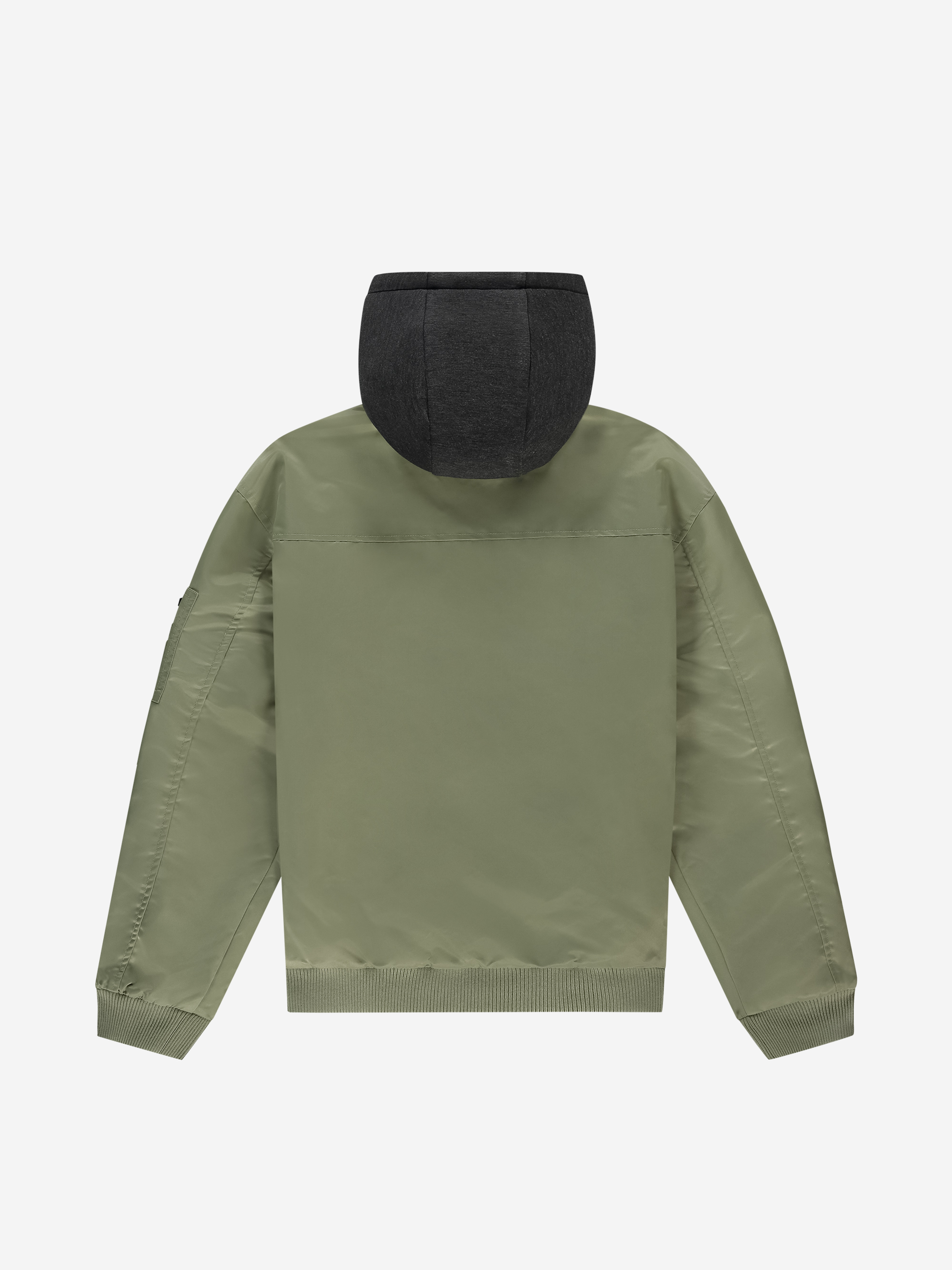 Bomber jacket with hood and logo patch