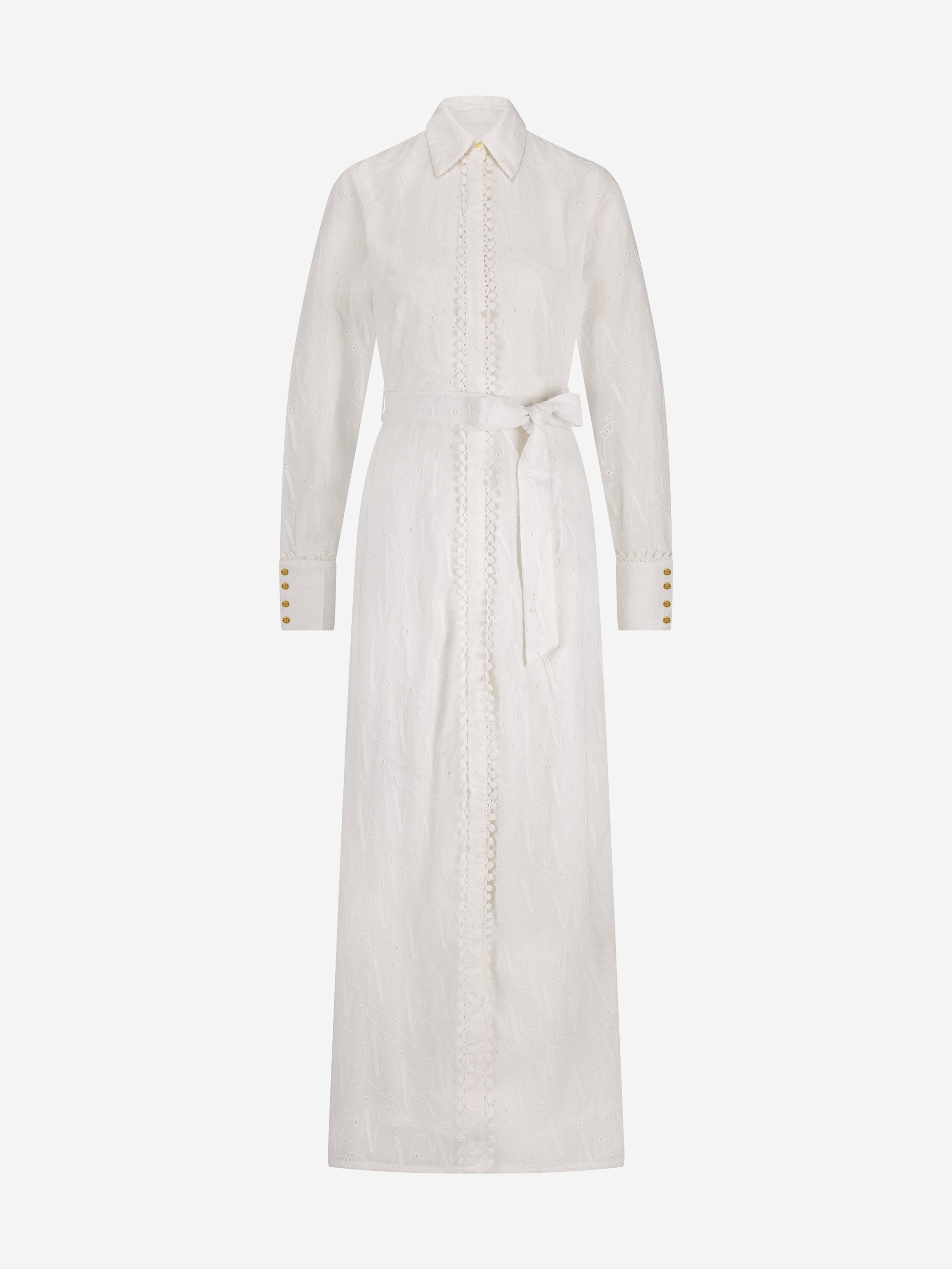 Maxi blousejurk van broderie anglaise met strikceintuur