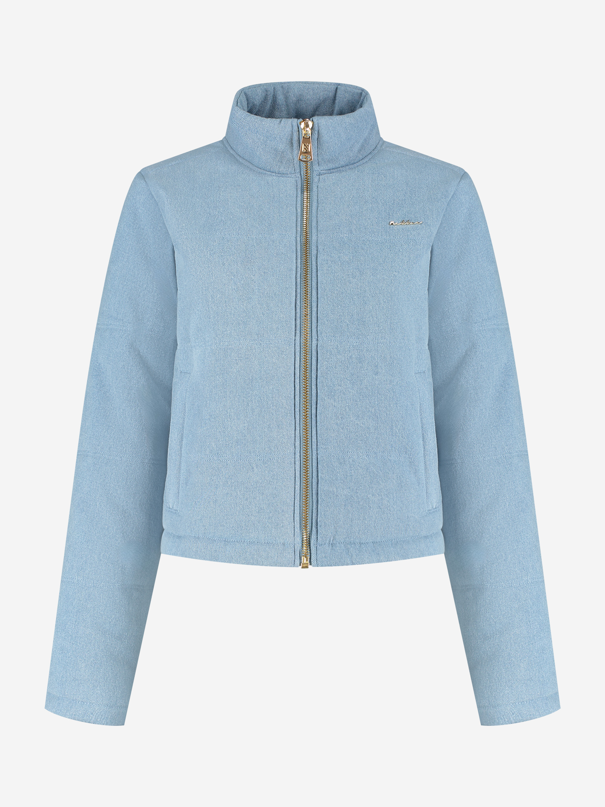 Short puffer jacket with a denim look