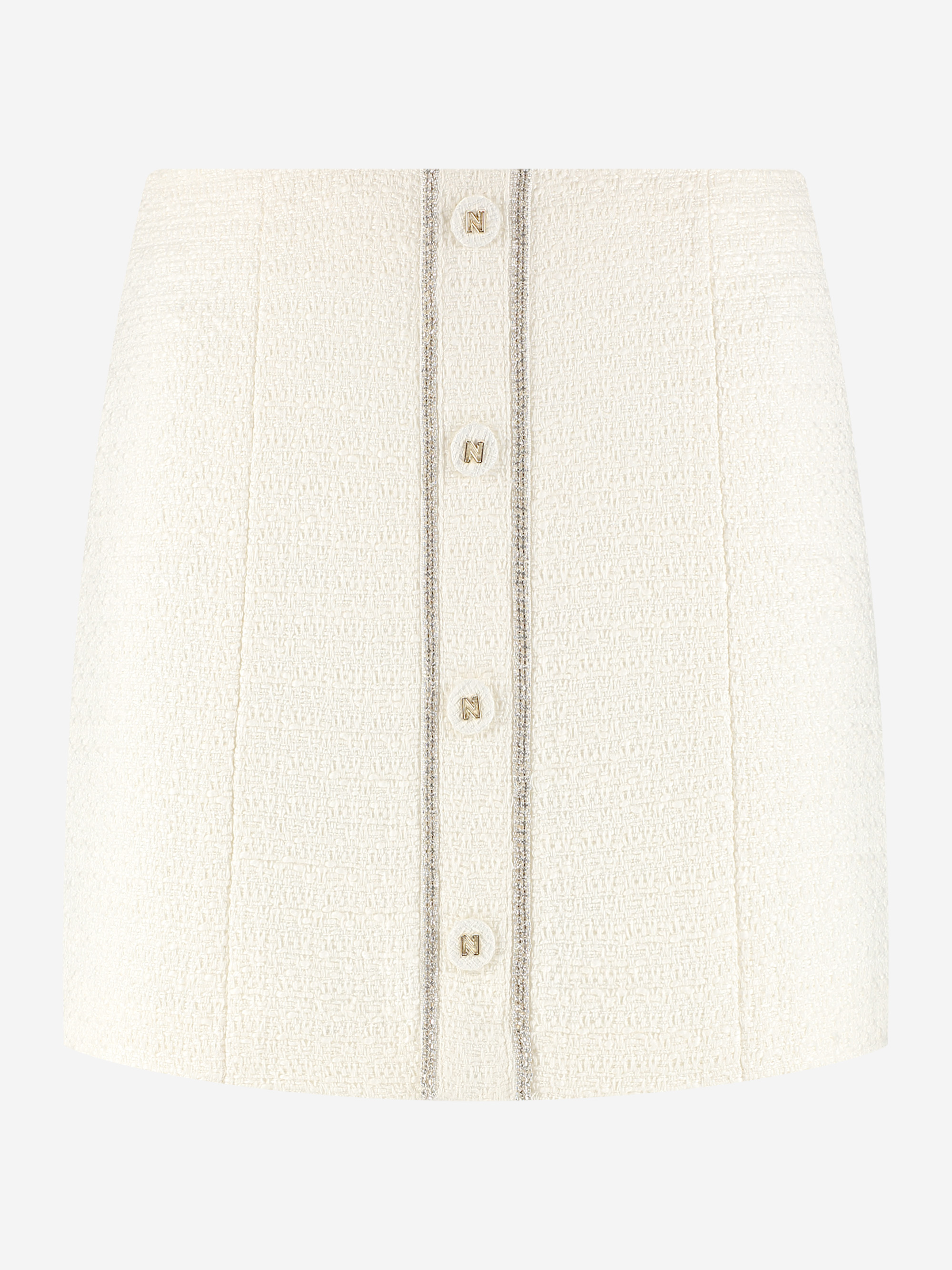 Short tweed skirt with N-buttons and shiny piping