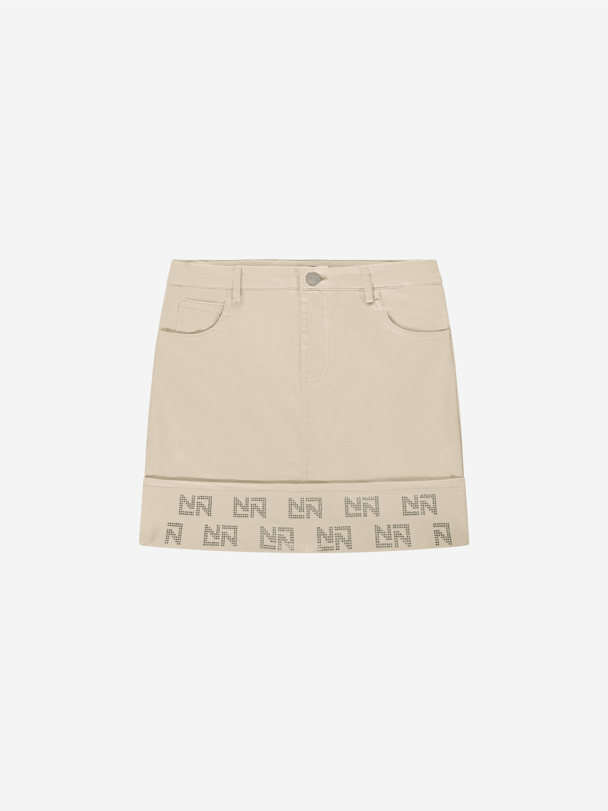 Denim skirt with rhinestone logos