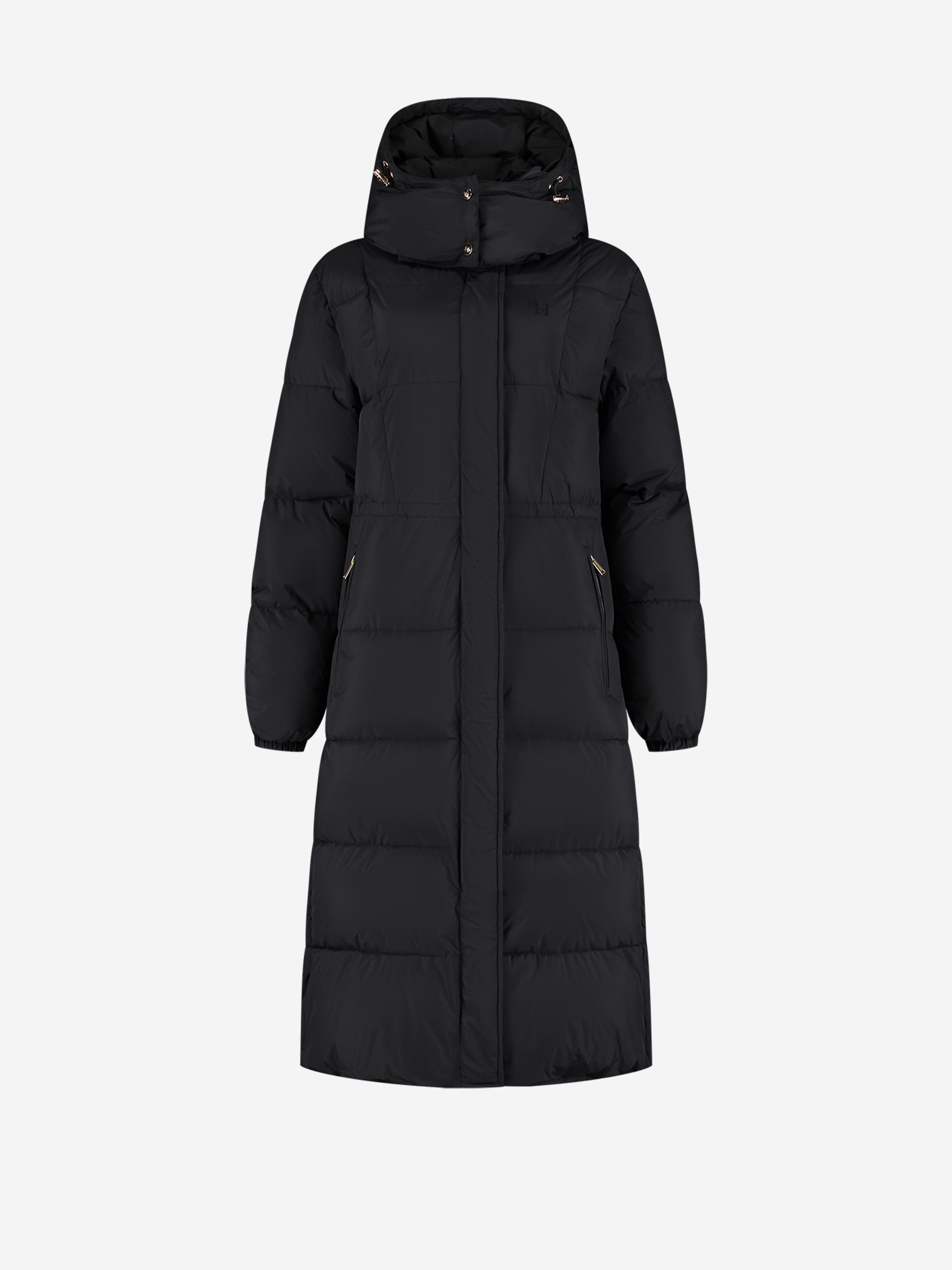 Long puffer coat with hood and tailored waist