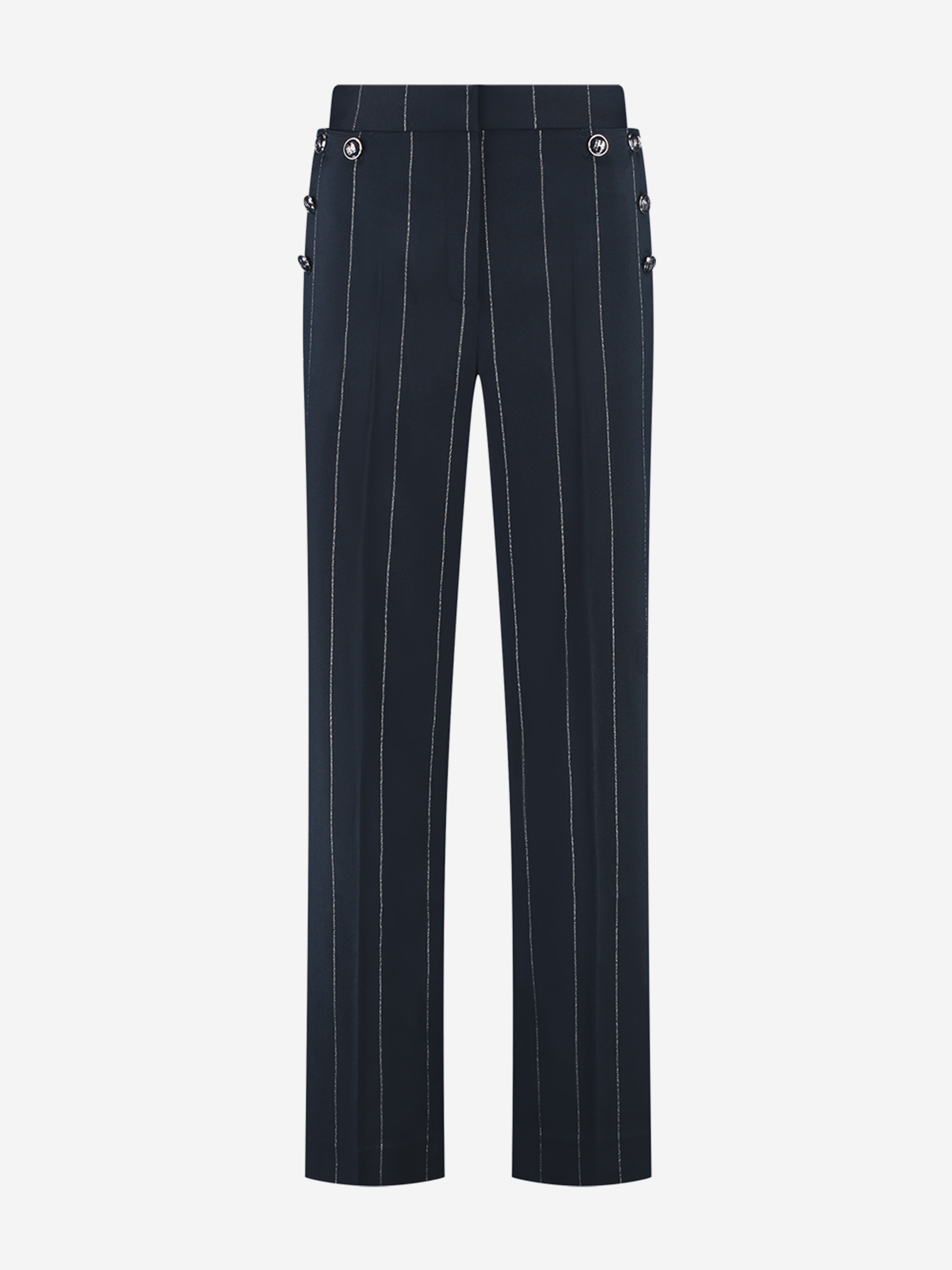 Striped trousers with decorative FH buttons