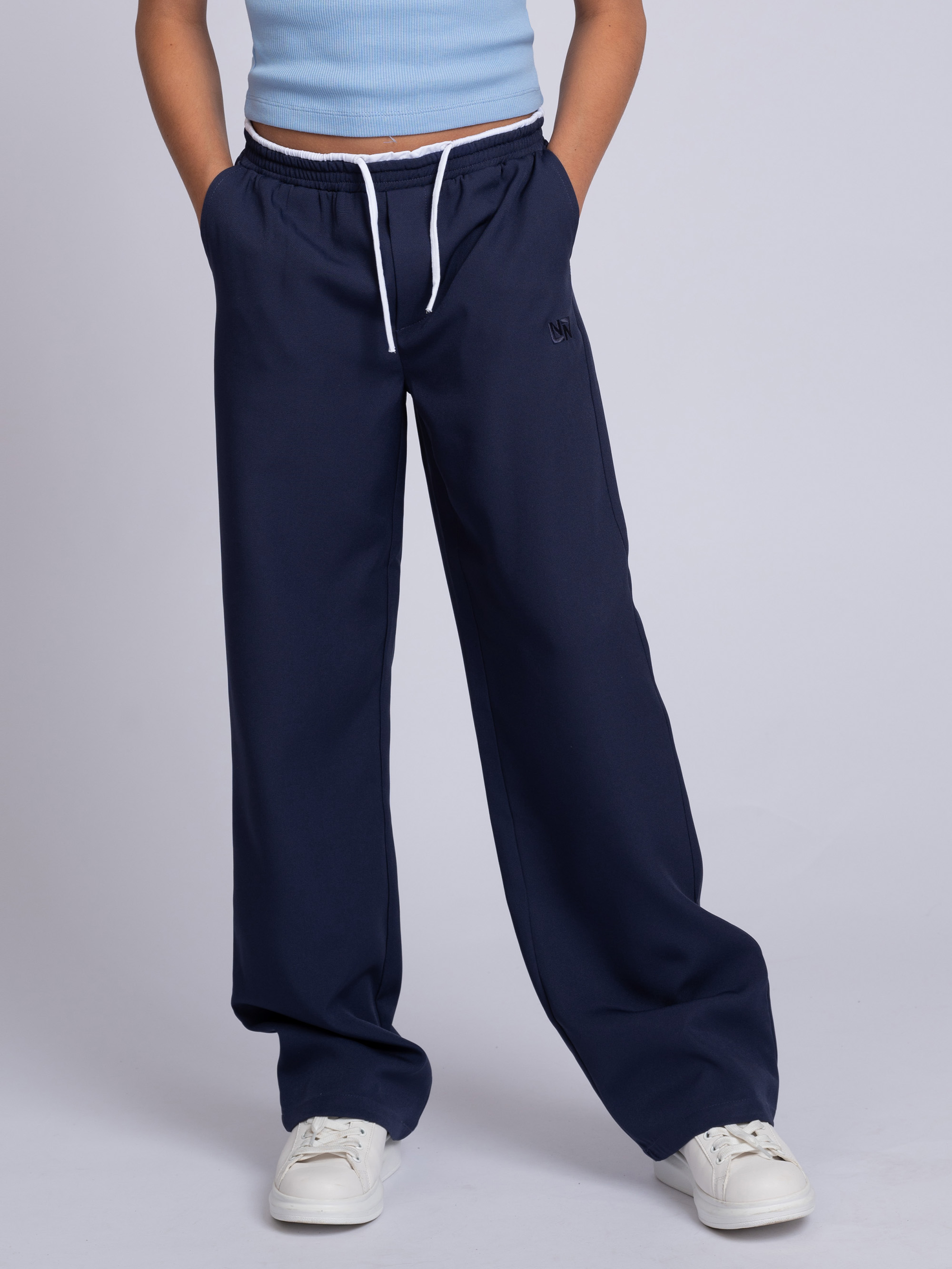 Pants with double waistband and drawstring