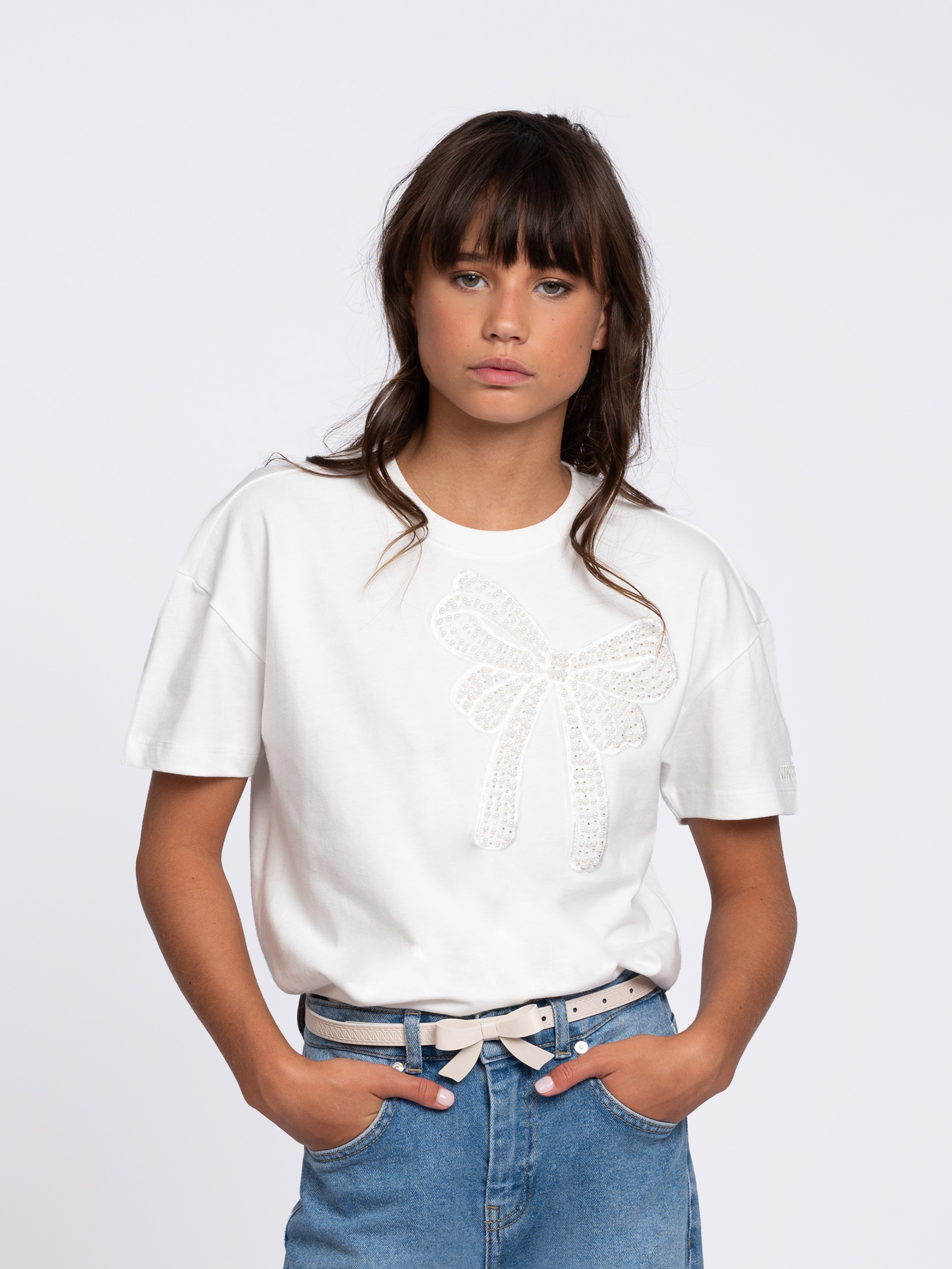 T-shirt met strikdetail van parels
