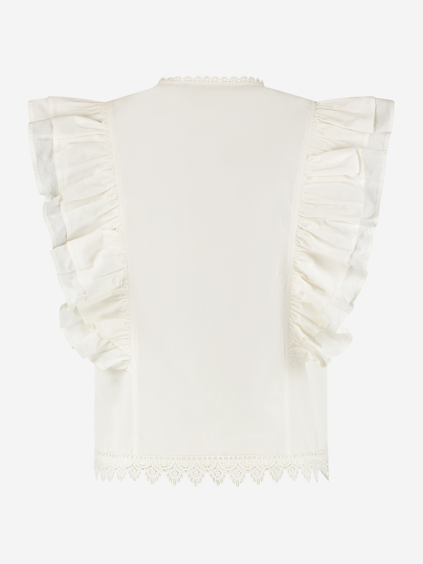 Sleeveless top with flounces and broderie