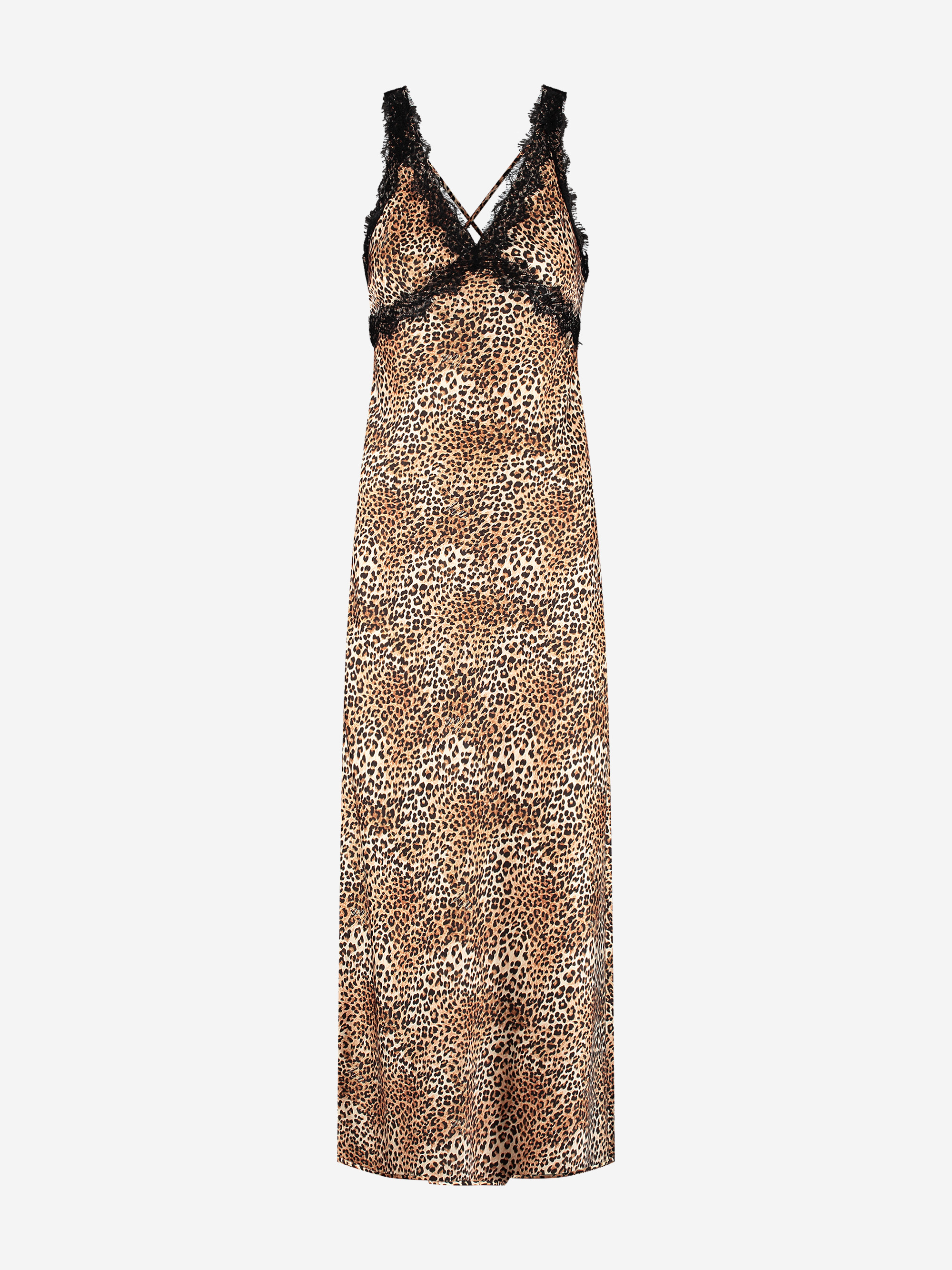 Lange satijnlook jurk met luipaardprint en kanten details