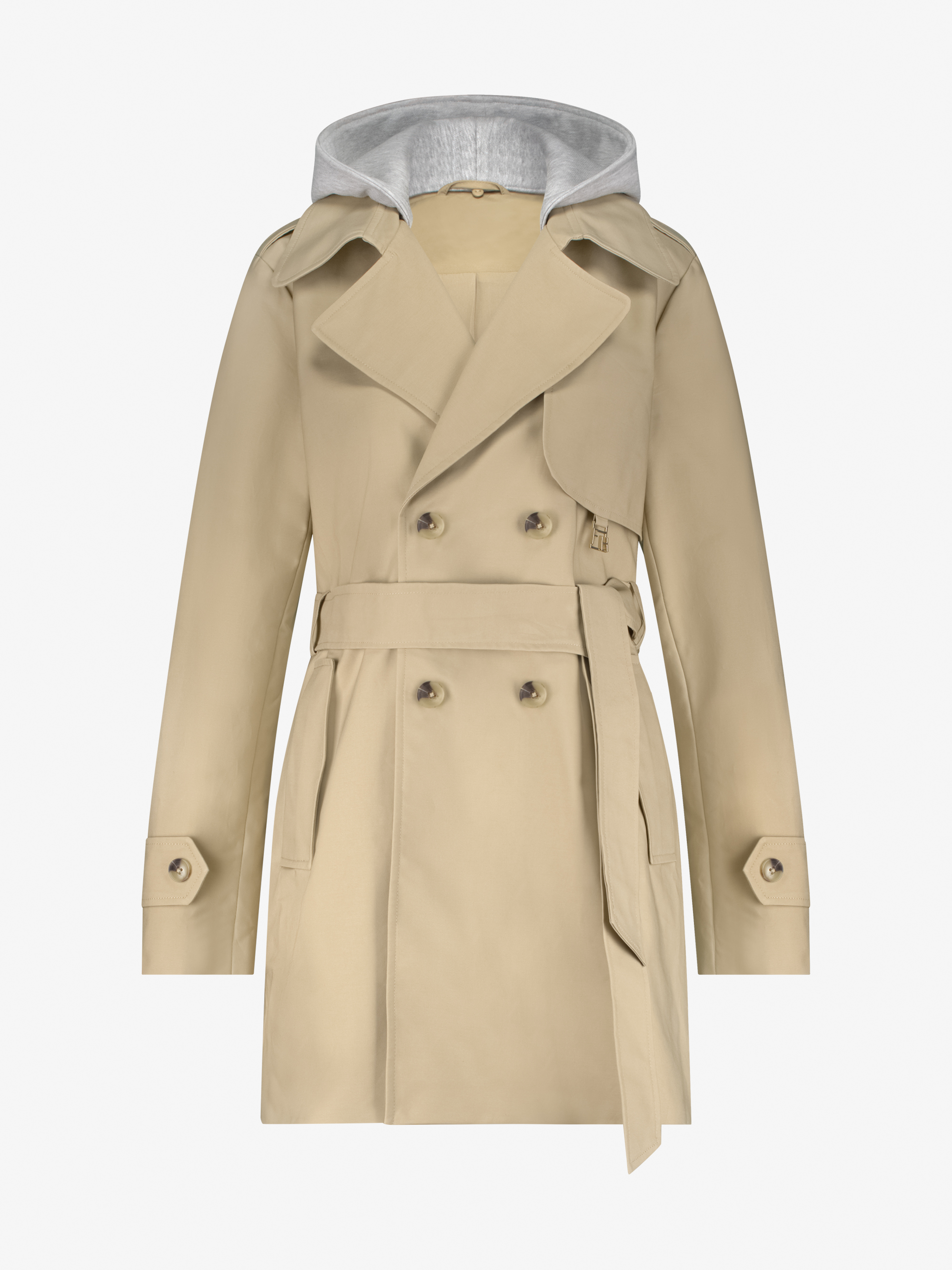 Trenchcoat with hood made of sweatshirt fabric and belt