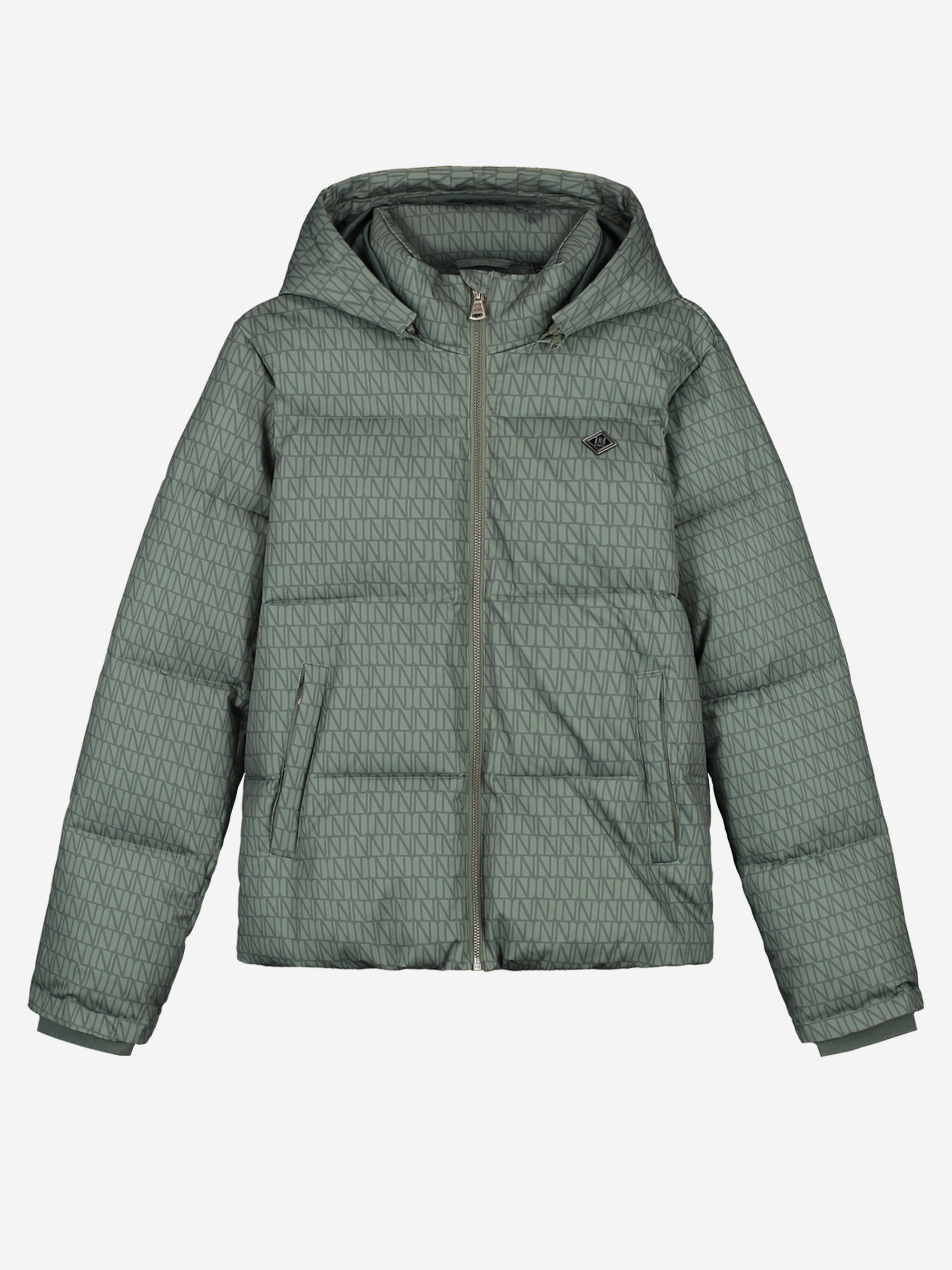 Puffer jacket with logo pattern and hood