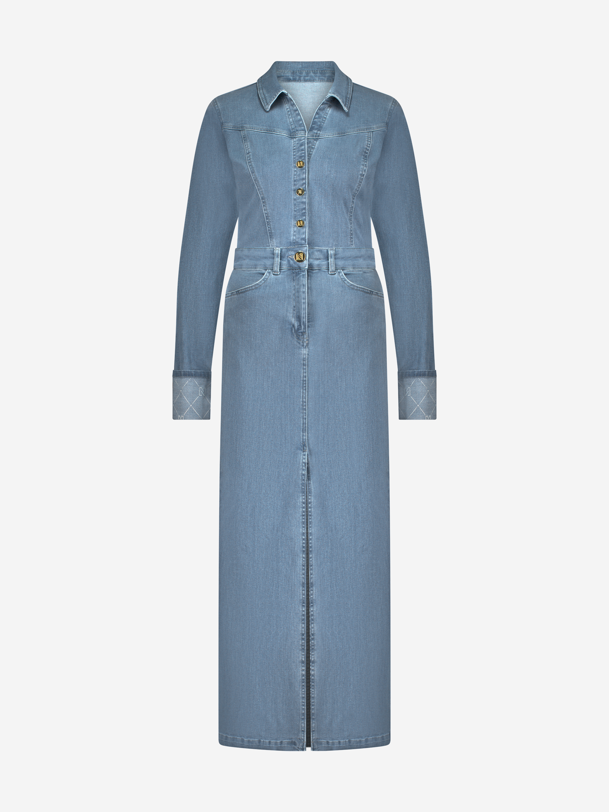 Long denim dress with slit and fold-over edge