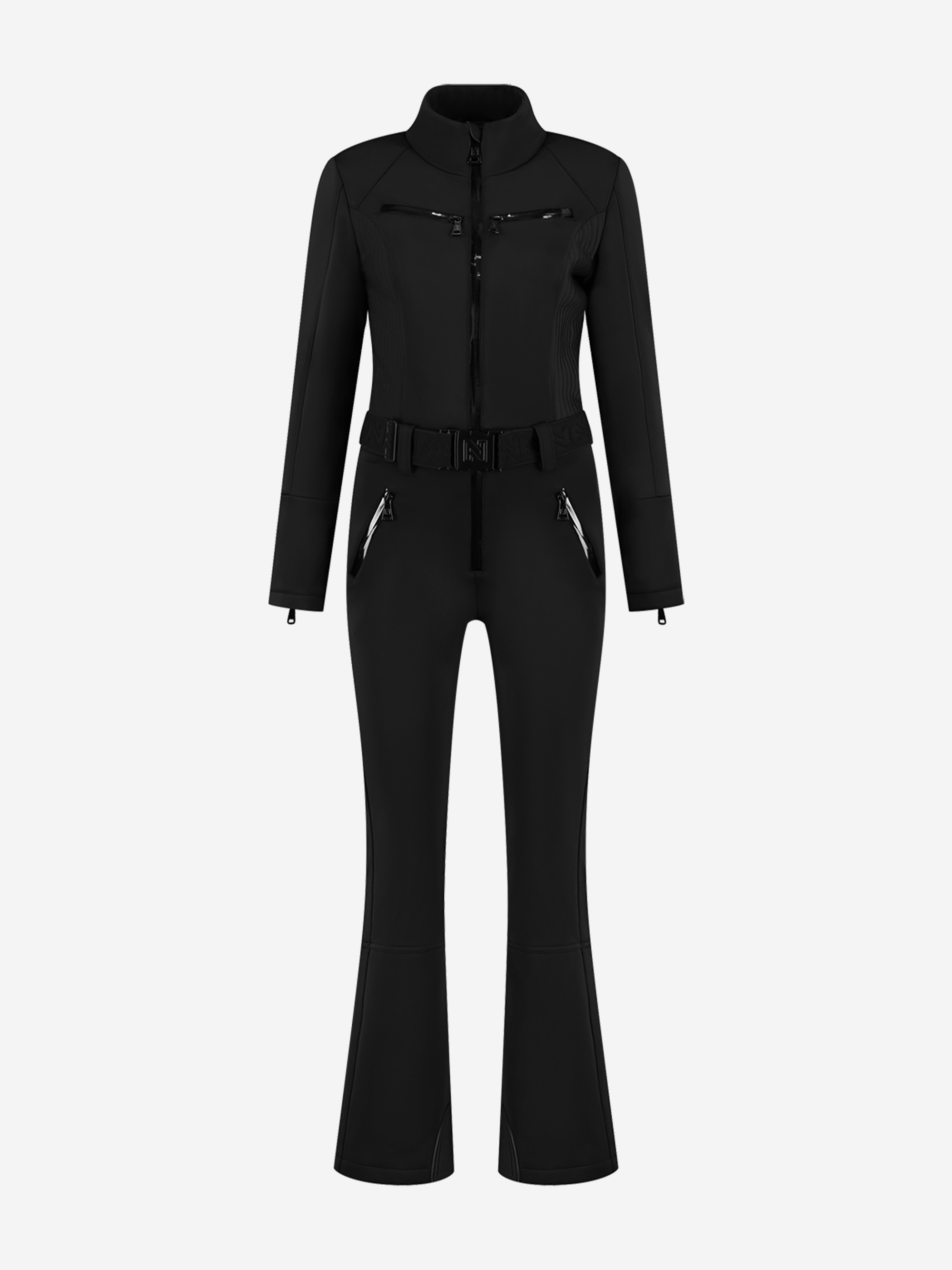 Ski jumpsuit with elastic belt and stand-up collar