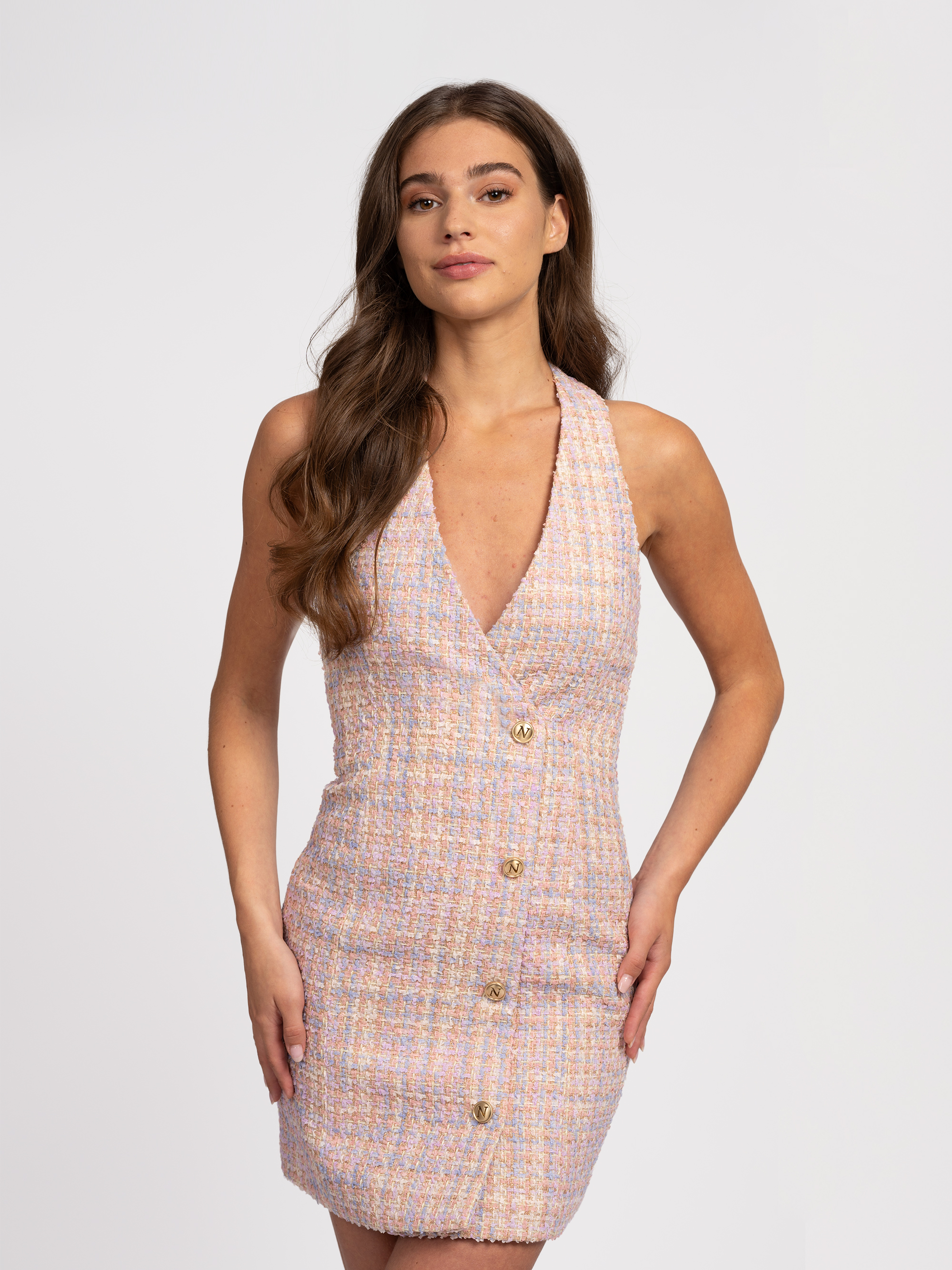 Halternek jurk van tweed