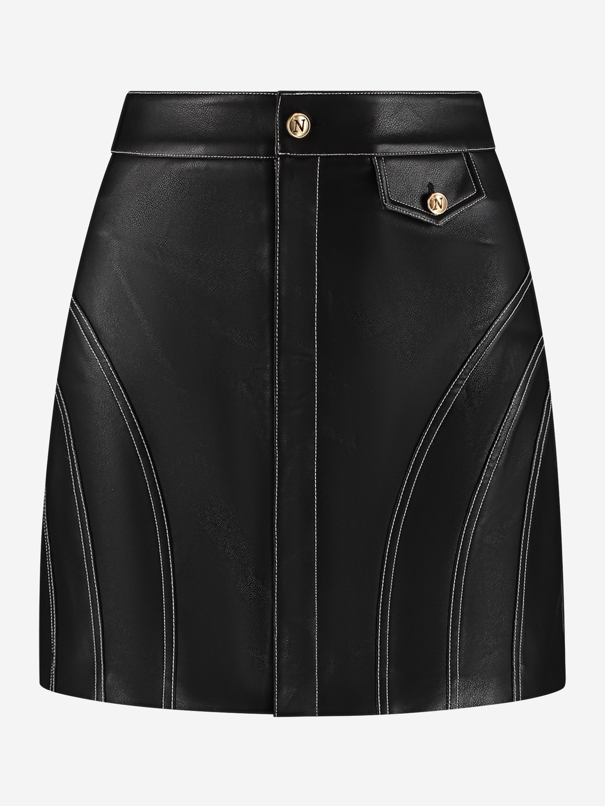 Short skirt made of faux leather with white stitching