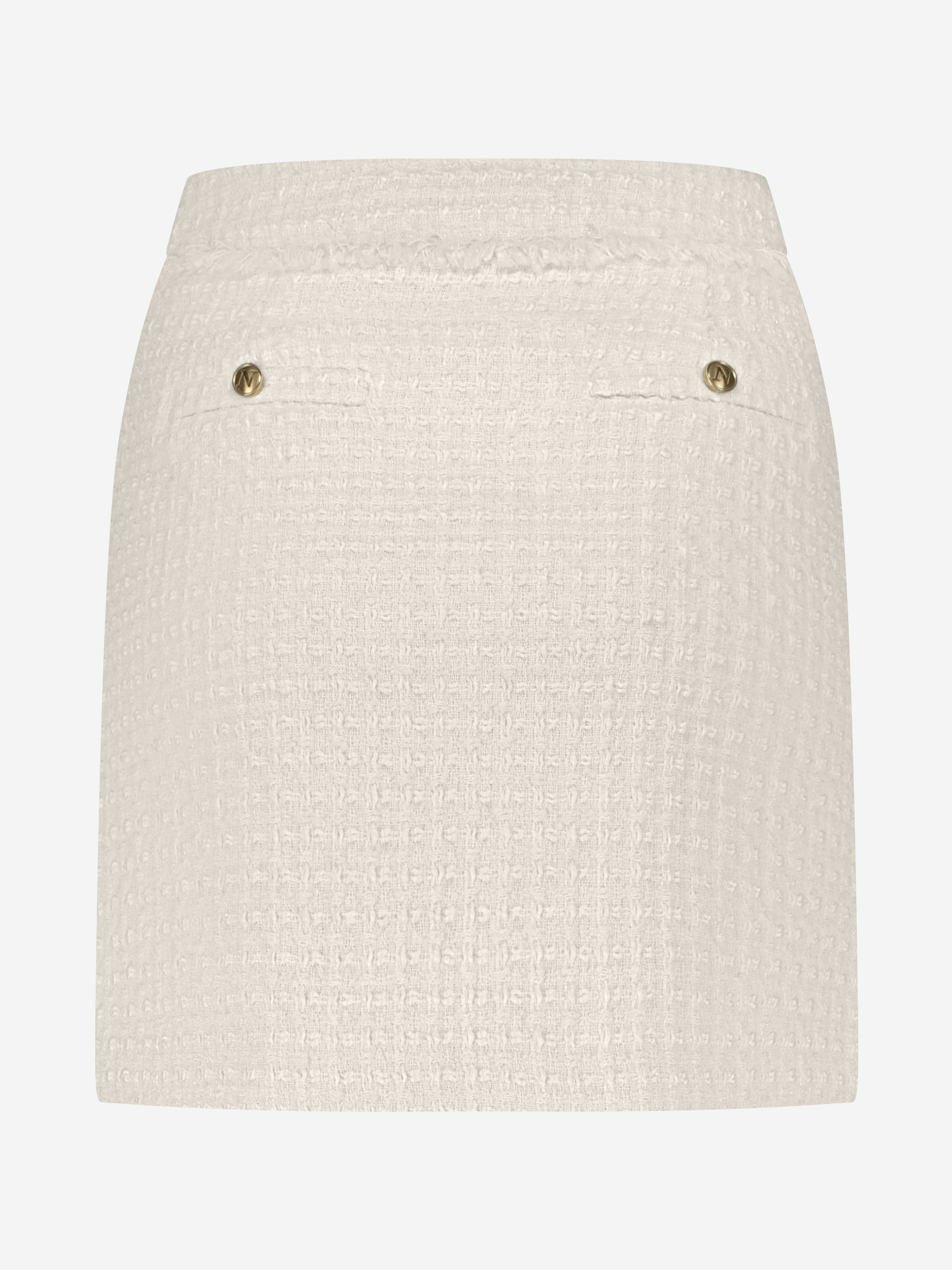Korte aansluitende rok met tweed patroon en N-knopen