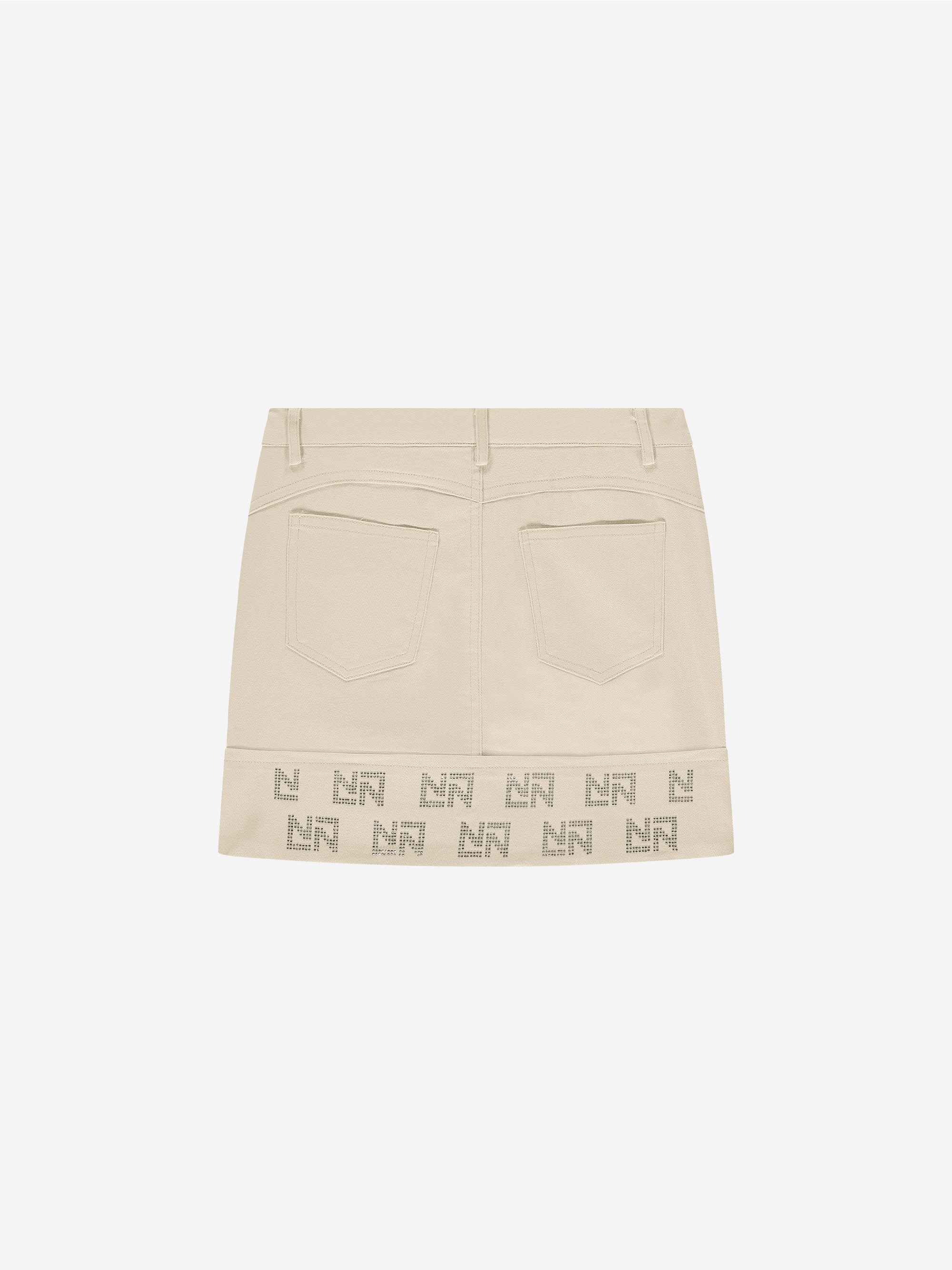 Denim skirt with rhinestone logos