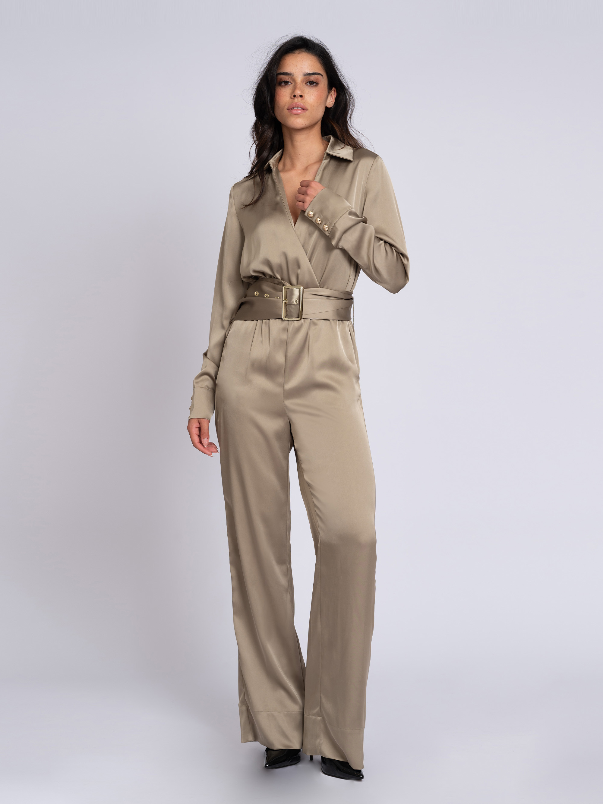 Satin look jumpsuit with belt