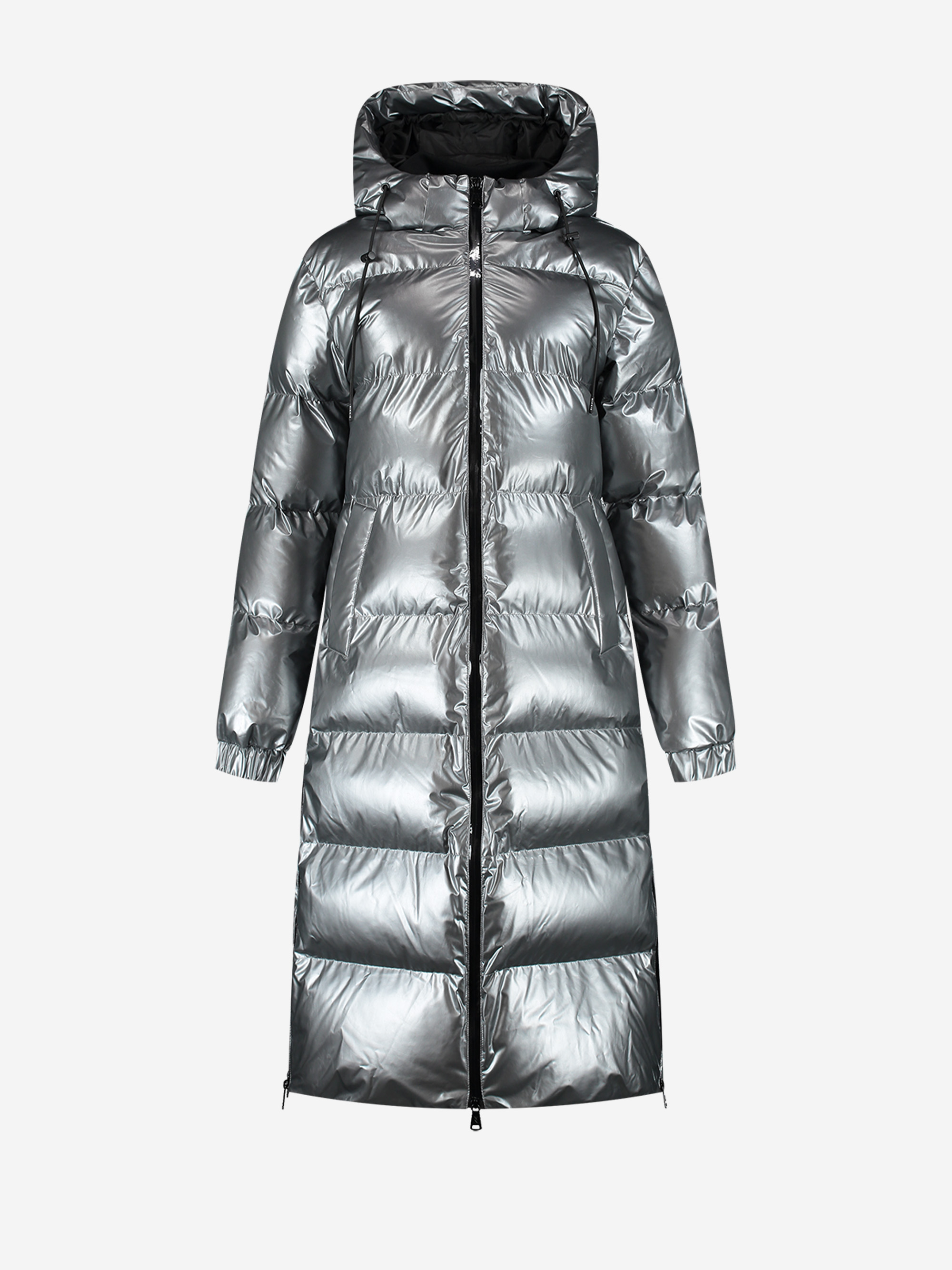 Long puffer jacket with metallic look