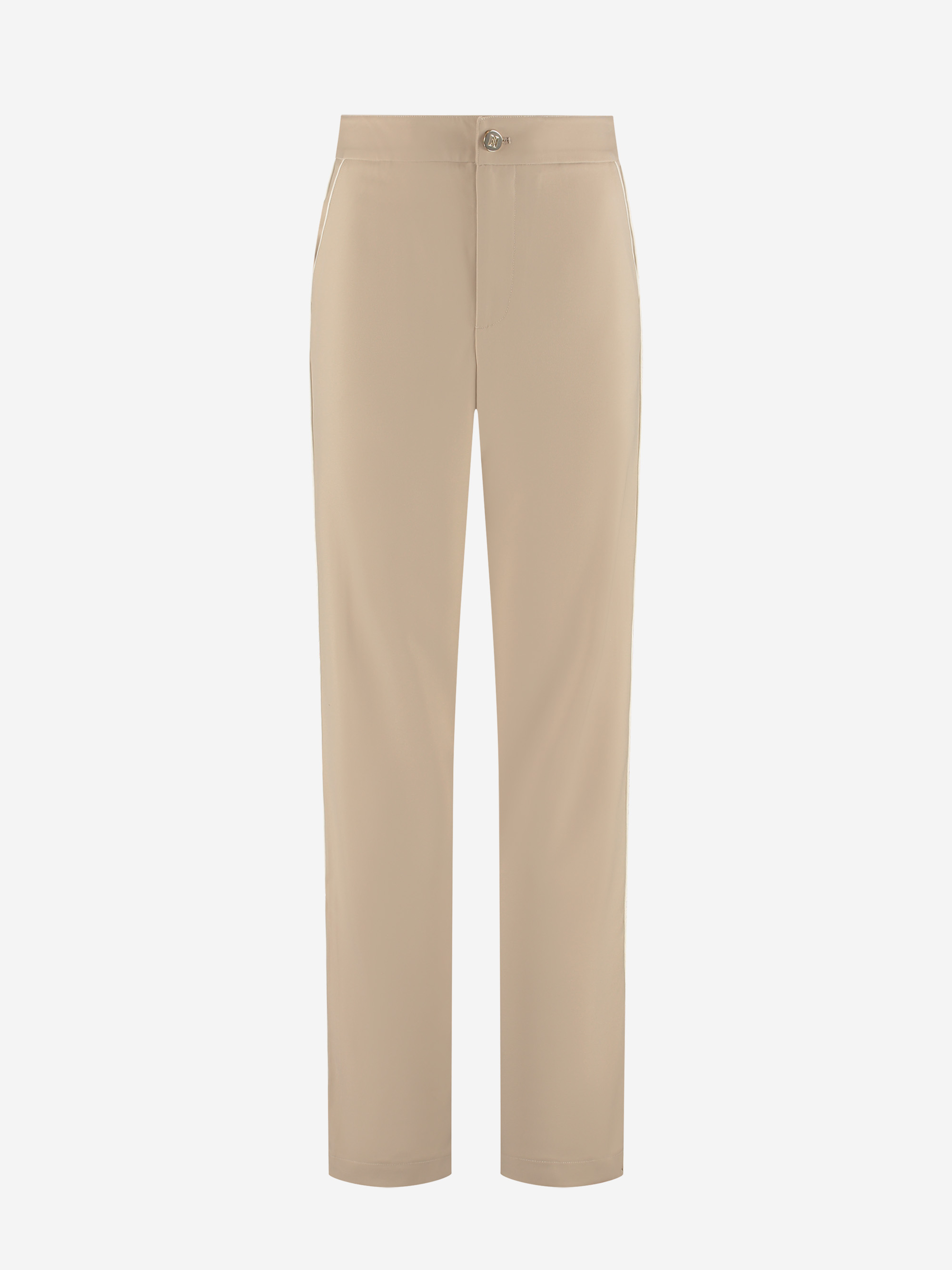 Straight-fitting trousers with white piping on the side