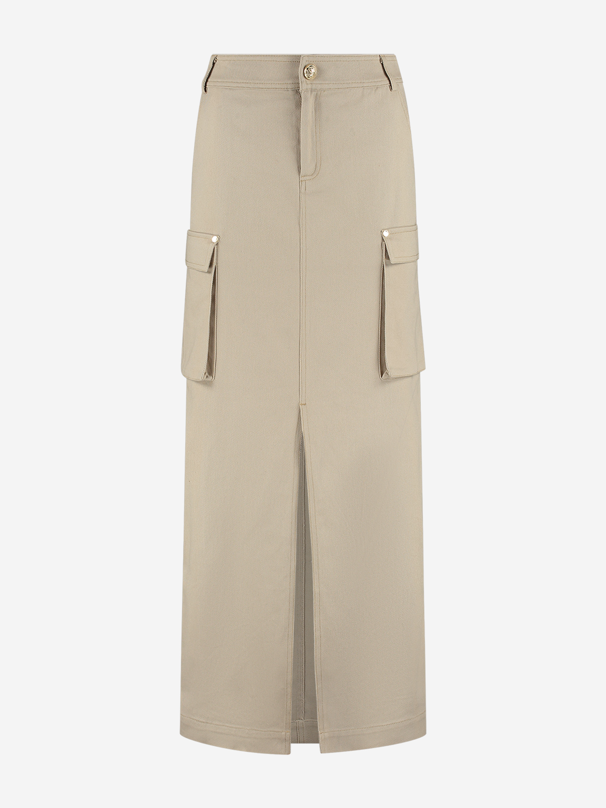 Long denim skirt with slit and flap pockets