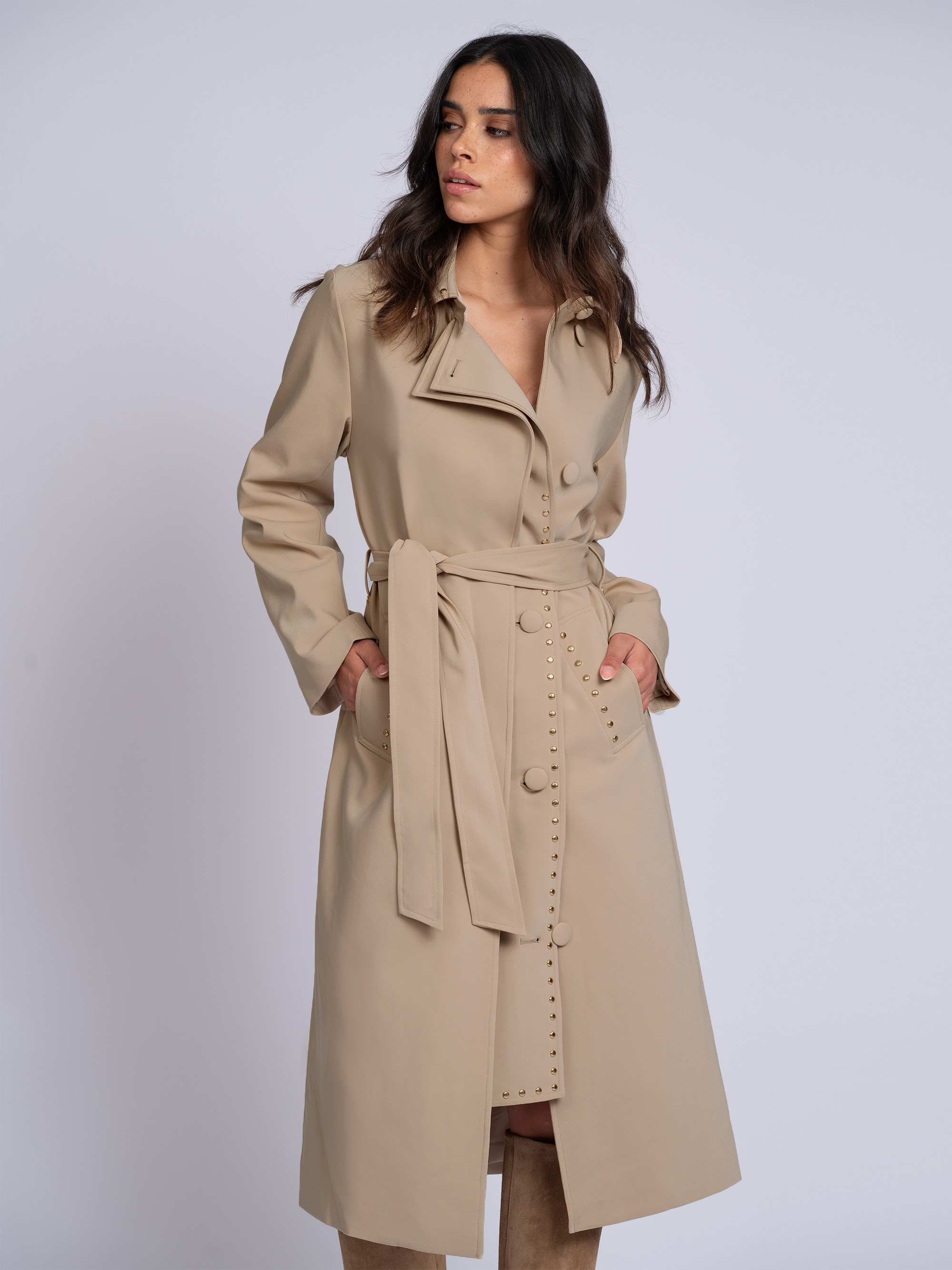 Long trench coat with two-layer effect and studs