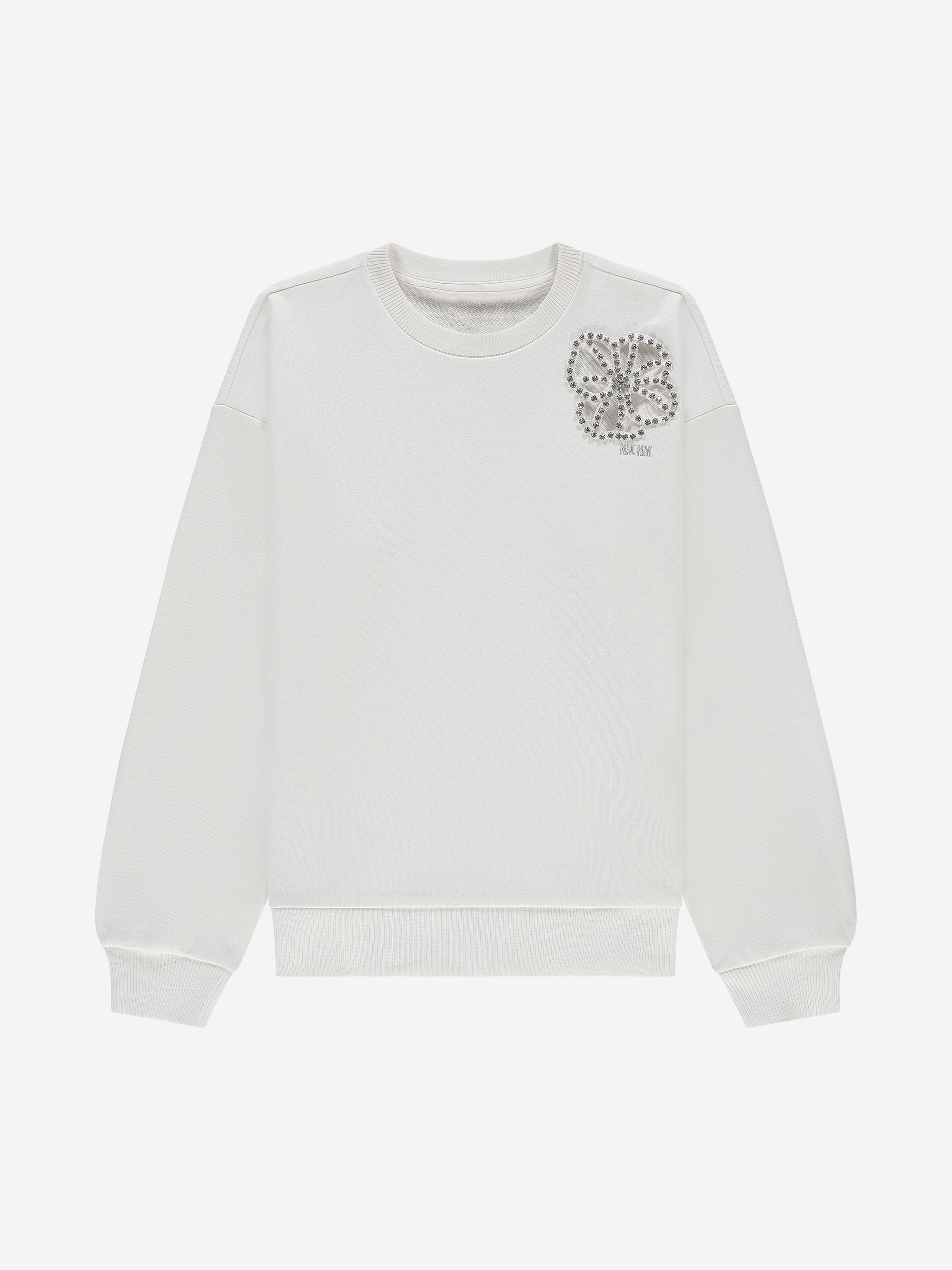 Sweater with flower-shaped cutout and rhinestone details
