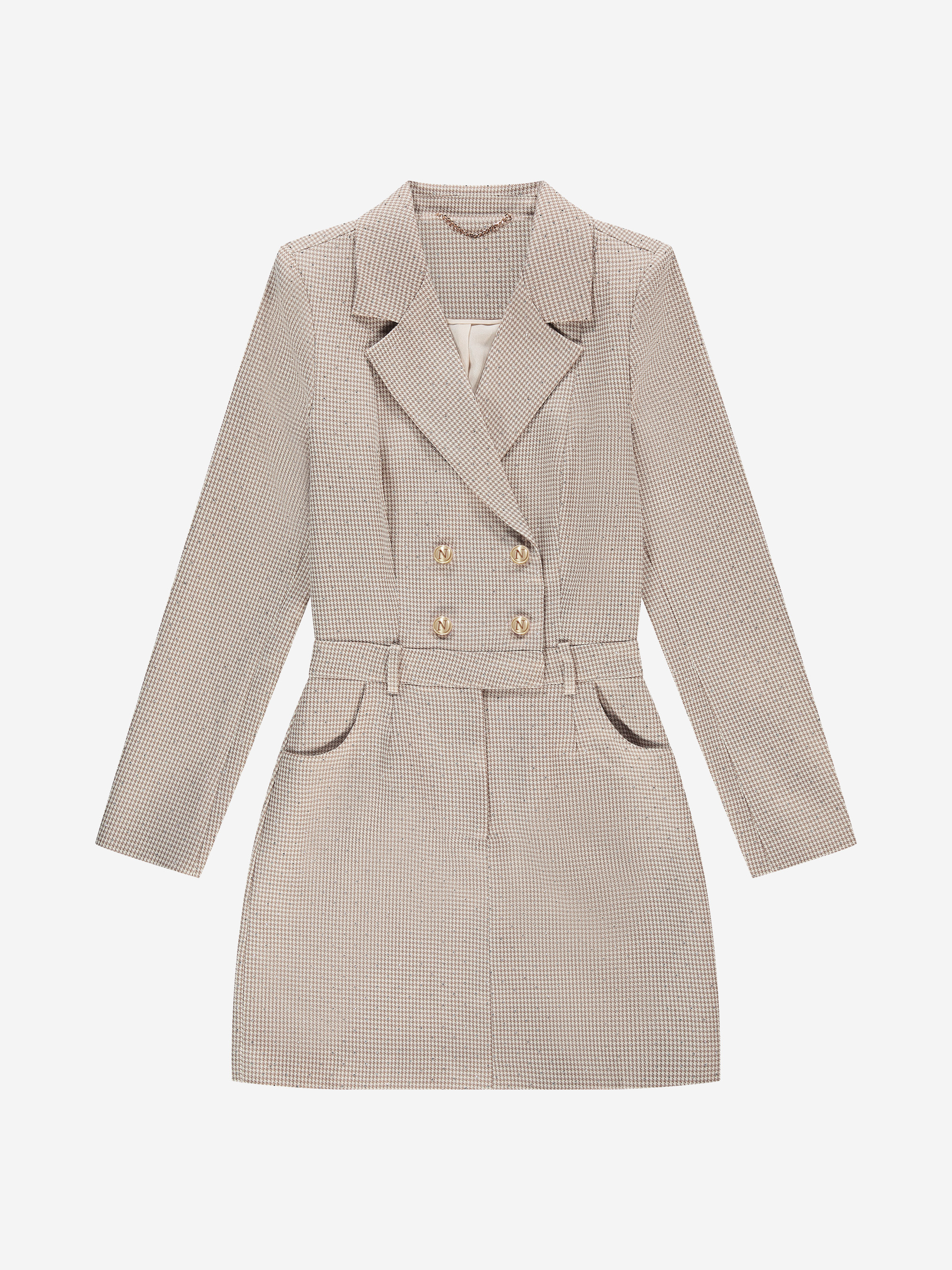 Aansluitende blazer jurk met pied-de-poule patroon en strass steentjes